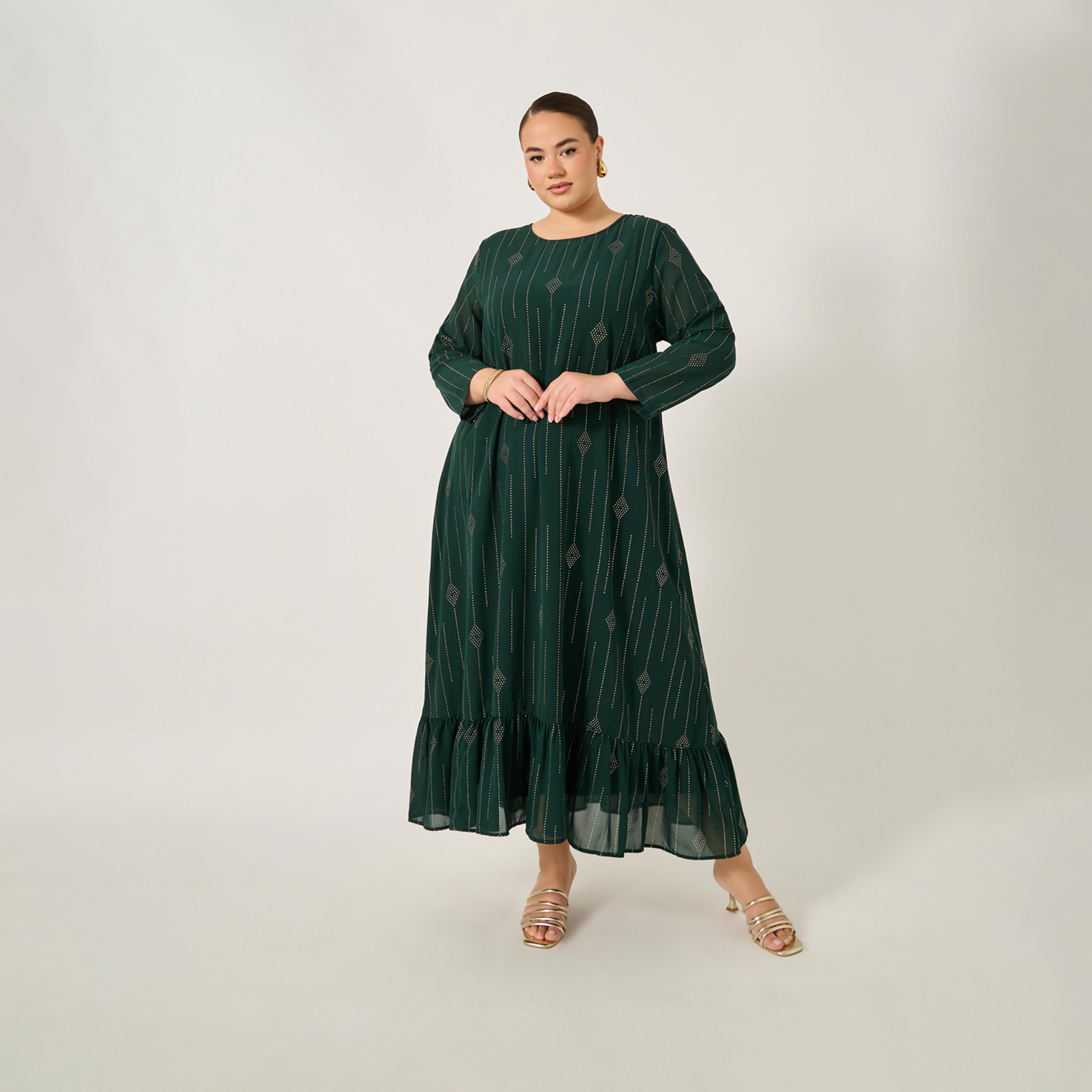 Styli Plus Size Embellished Round Neck Ruffled Hem Jalabiya-women-arabicclothing-jalabiyas-image-1