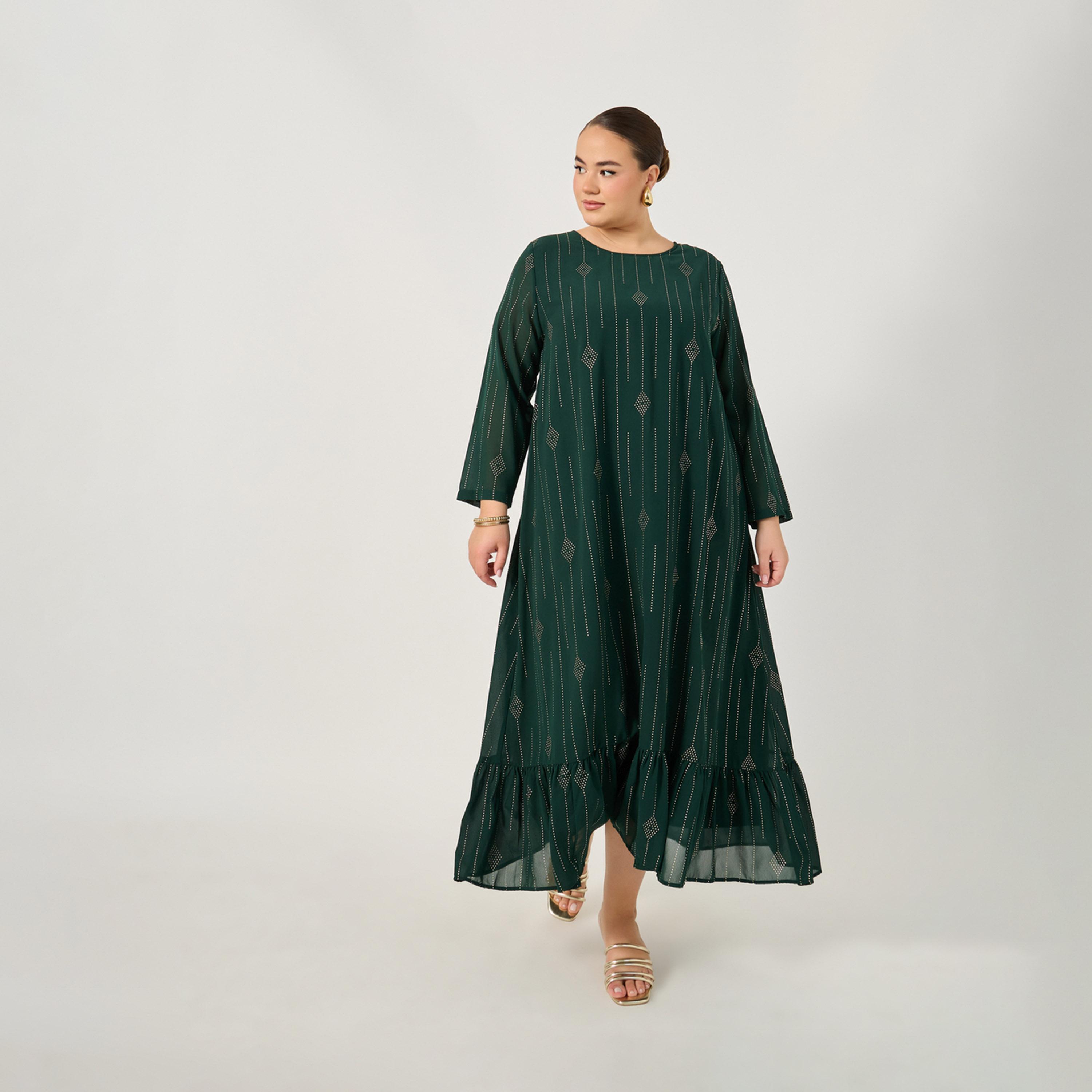 ستايلي - جلابية بمقاس كبير مزينة برقبة دائرية وحاشية مكشكشة-women-arabicclothing-jalabiyas-image-2