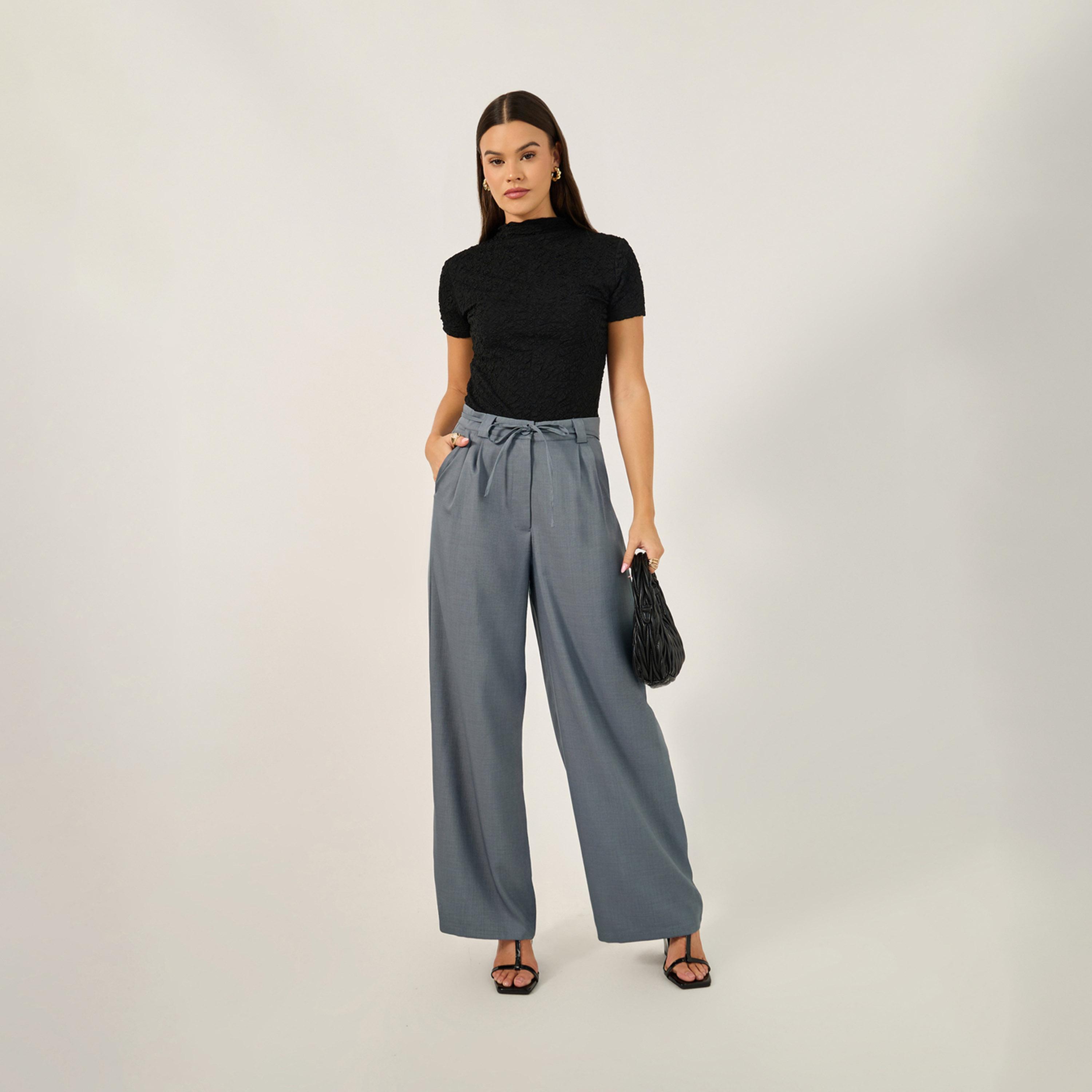 ستايلي - بنطال واسع الساق مع طيات وحزام ربط-women-clothing-bottoms-trousers-image-2
