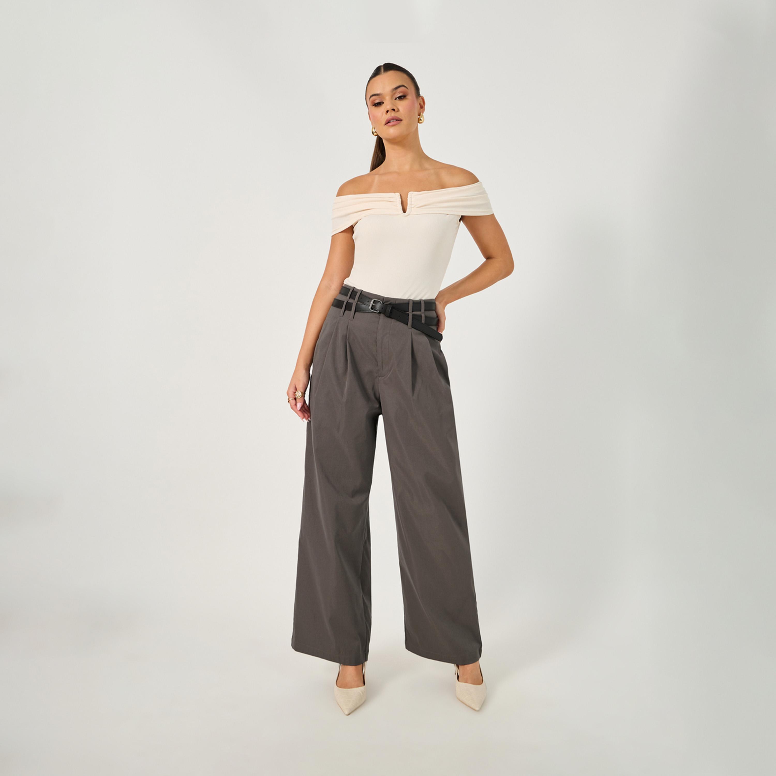 ستايلي - بنطال بخصر عريض مع تفاصيل حزام متقاطع-women-clothing-bottoms-trousers-image-1