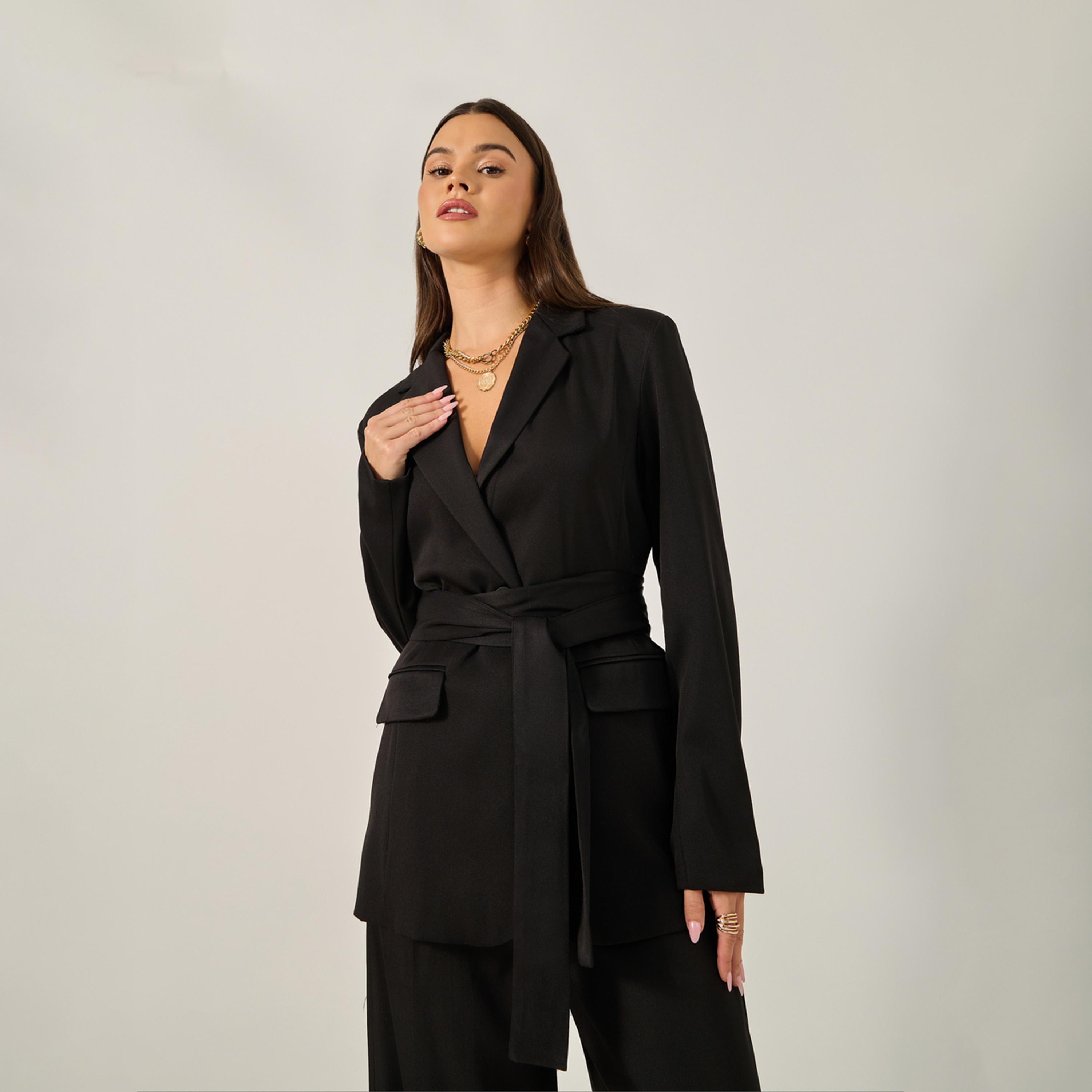 ستايلي - سترة طويلة بحزام بقصّة عادية-women-clothing-coatsandjackets-blazers-image-1