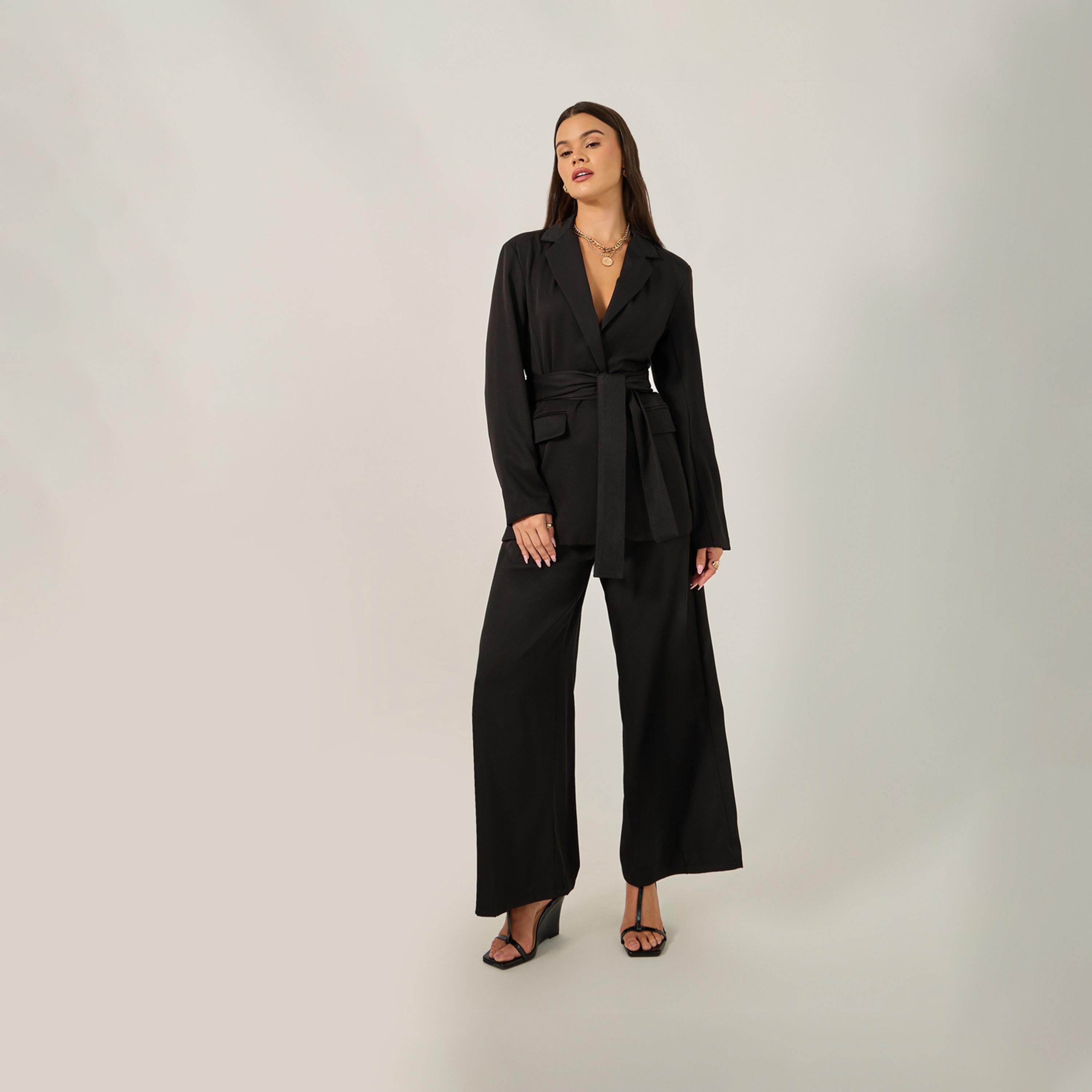 ستايلي - سترة طويلة بحزام بقصّة عادية-women-clothing-coatsandjackets-blazers-image-2