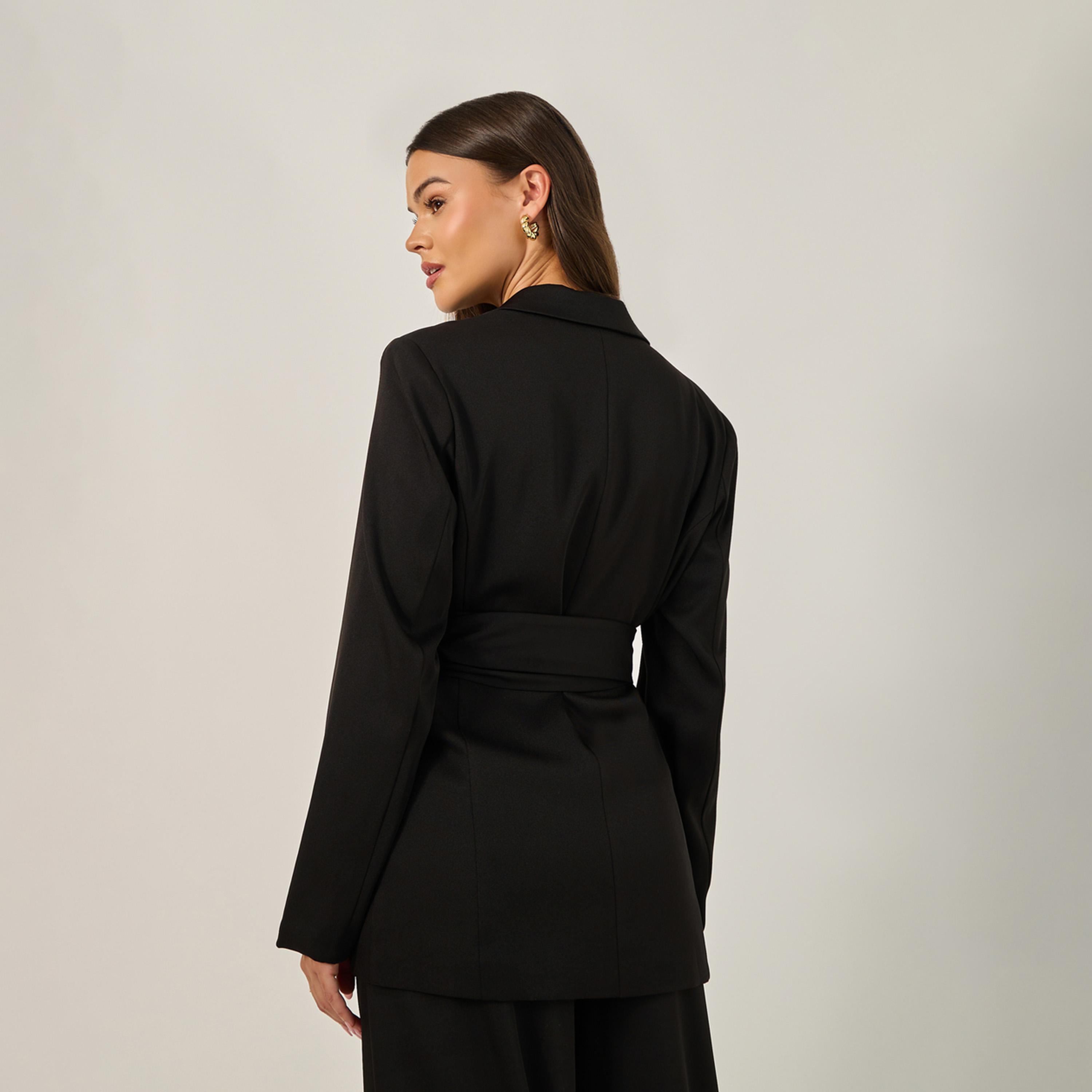 ستايلي - سترة طويلة بحزام بقصّة عادية-women-clothing-coatsandjackets-blazers-image-3