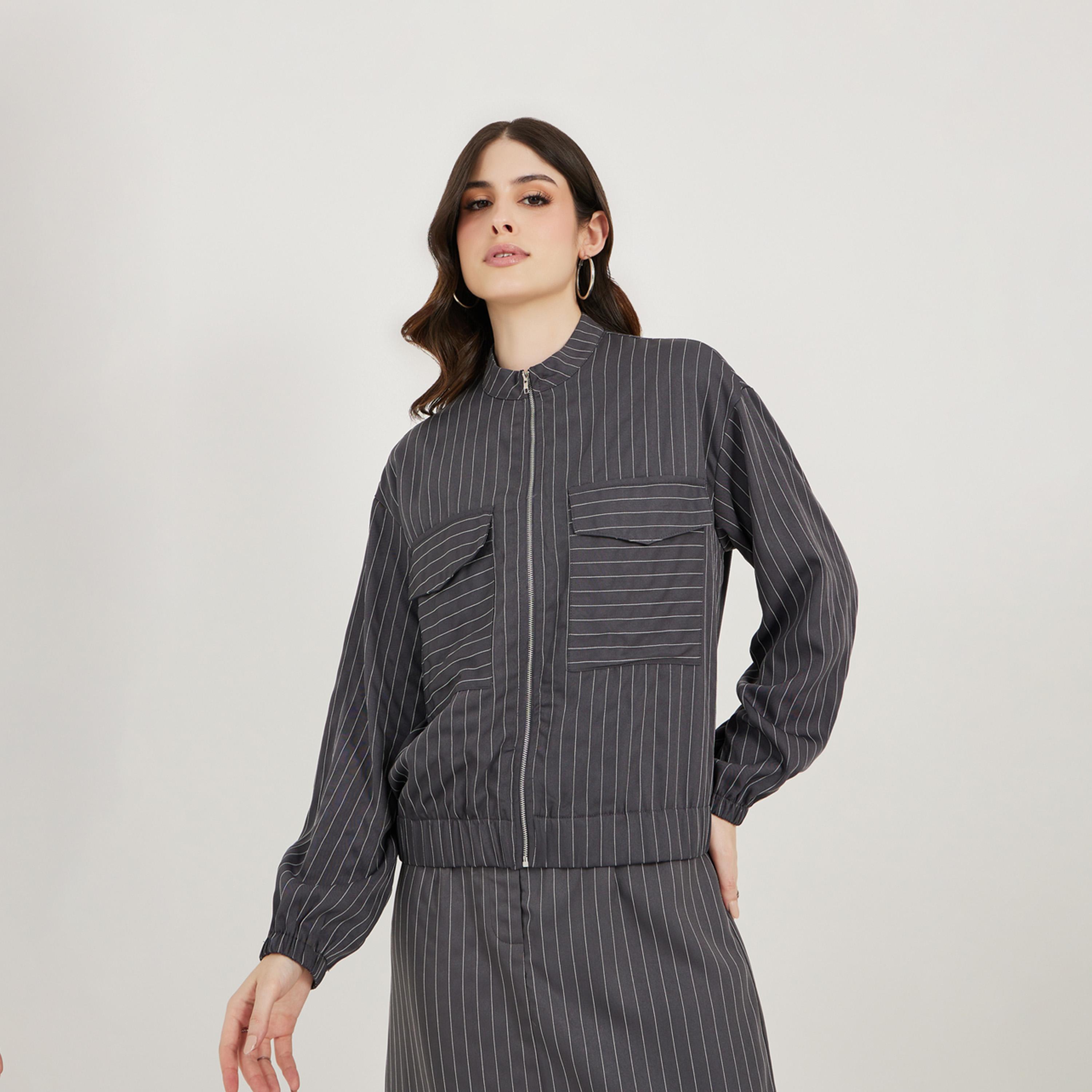 Styli Regular Fit Regular Length Striped Bomber Jacket-women-winterwear-coatsandjackets-jackets-image-1