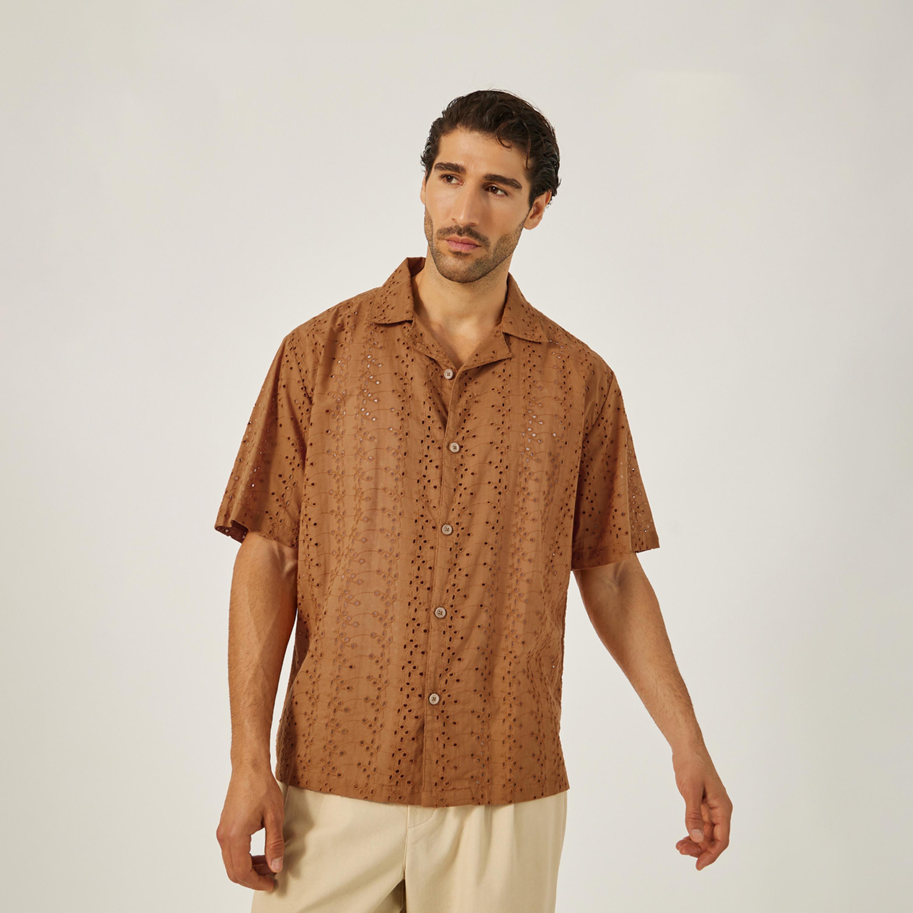 Styli Schiffli Notch Label Neck Relaxed Fit Shirt-men-clothing-shirts-image-1