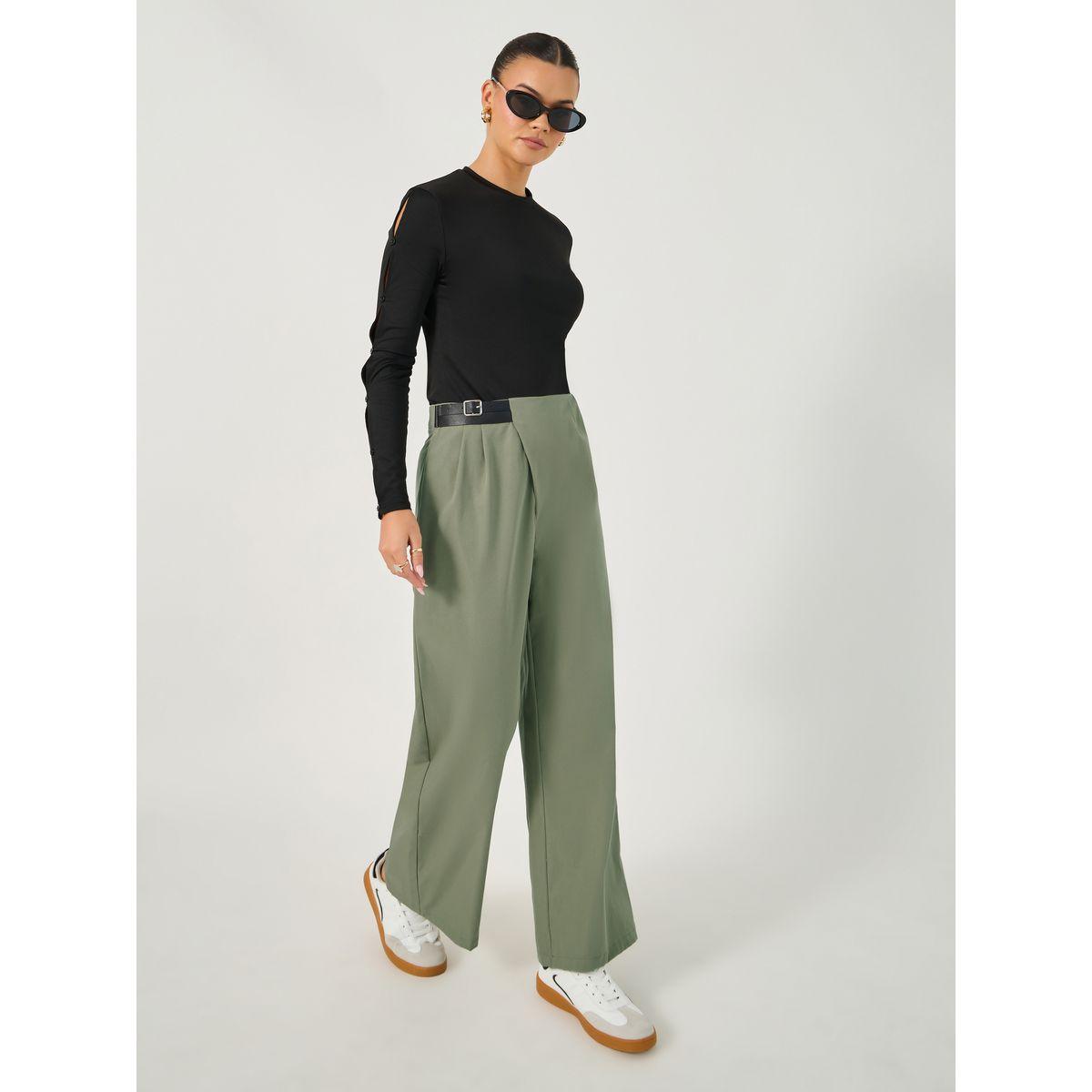 بنطال بقصة مستقيمة وخصر متوسط مع حزام-women-clothing-bottoms-trousers-image-1