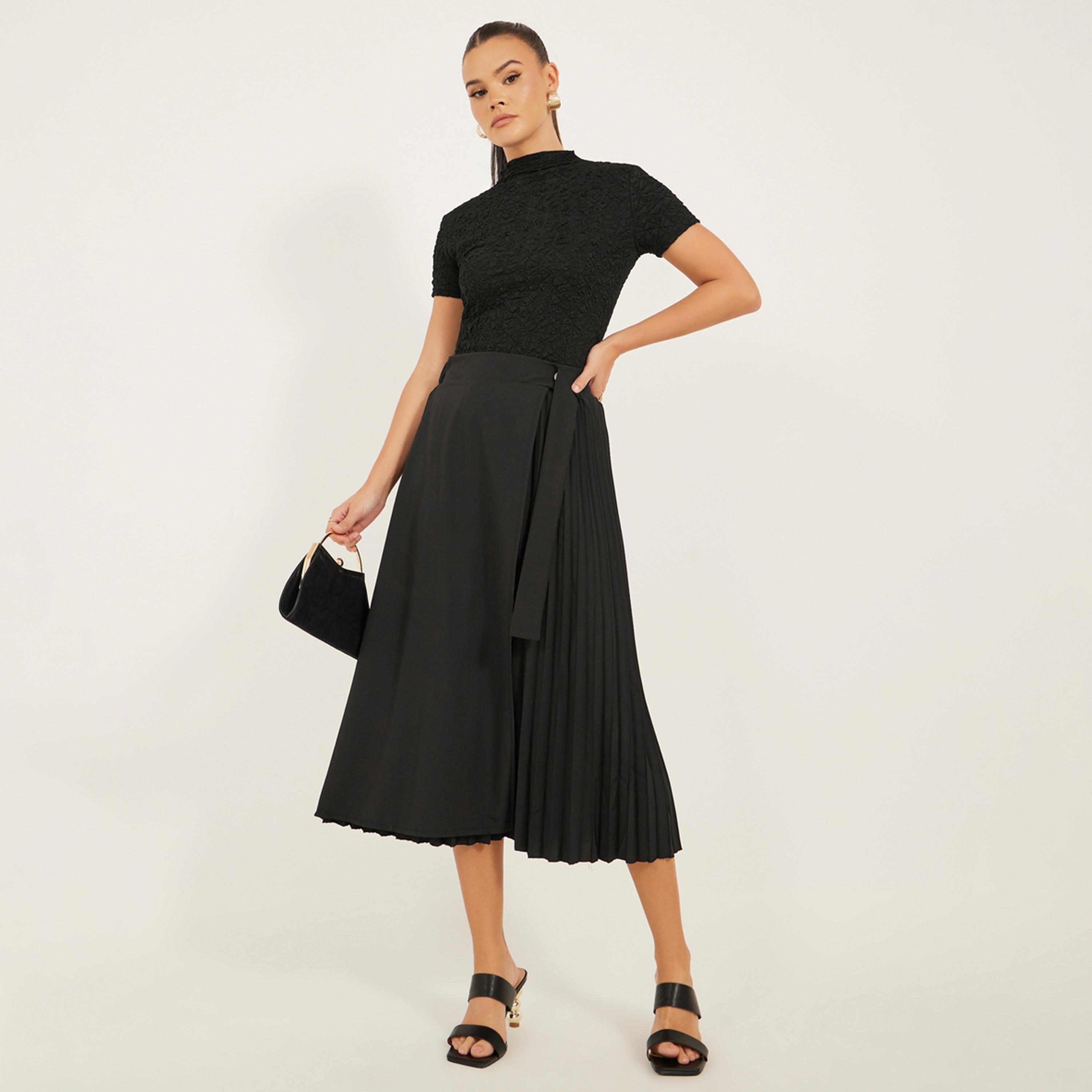 ستايلي - تنورة ميدي بقصة A-Line وخصر مرتفع وثنيات-women-clothing-bottoms-skirts-image-1