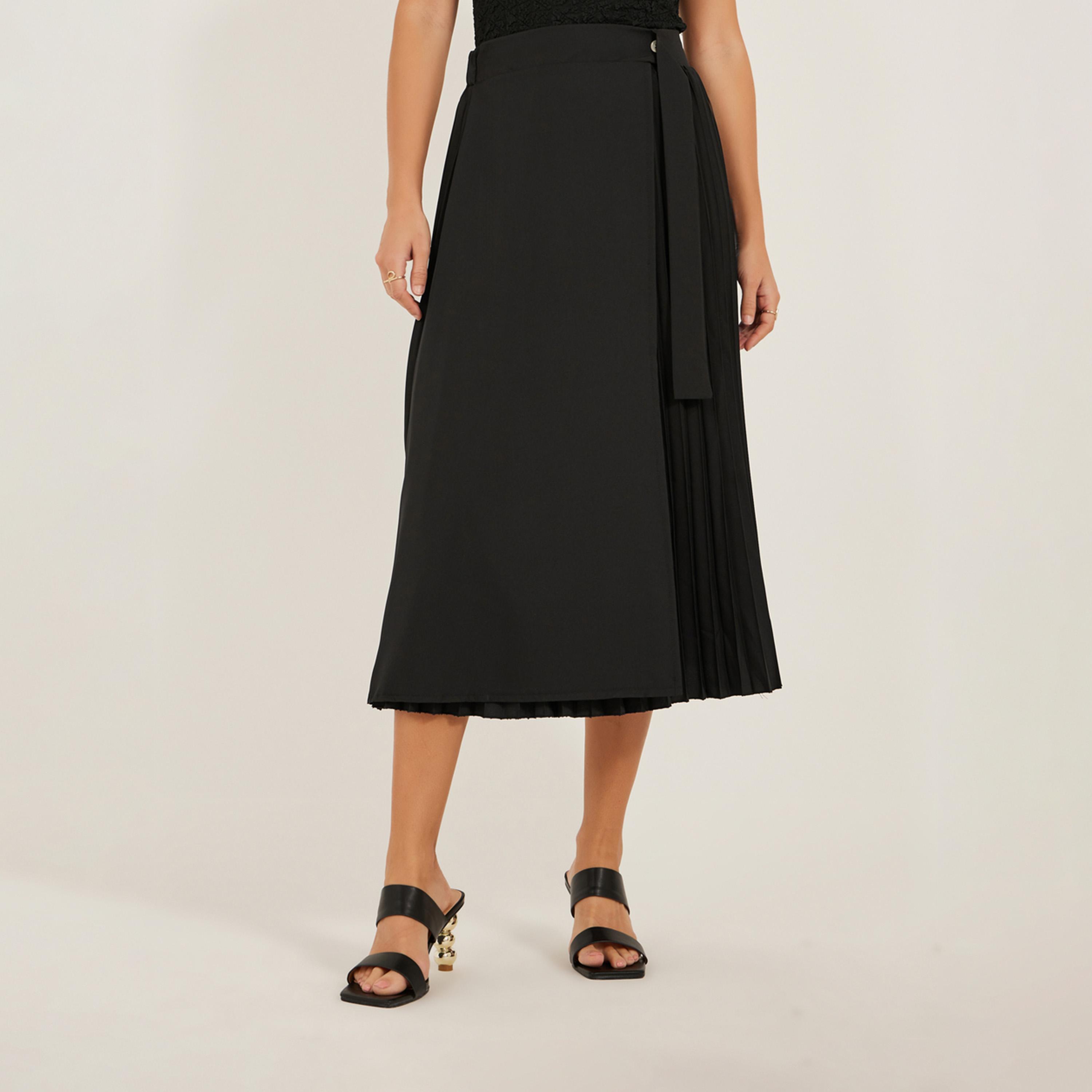 ستايلي - تنورة ميدي بقصة A-Line وخصر مرتفع وثنيات-women-clothing-bottoms-skirts-image-2