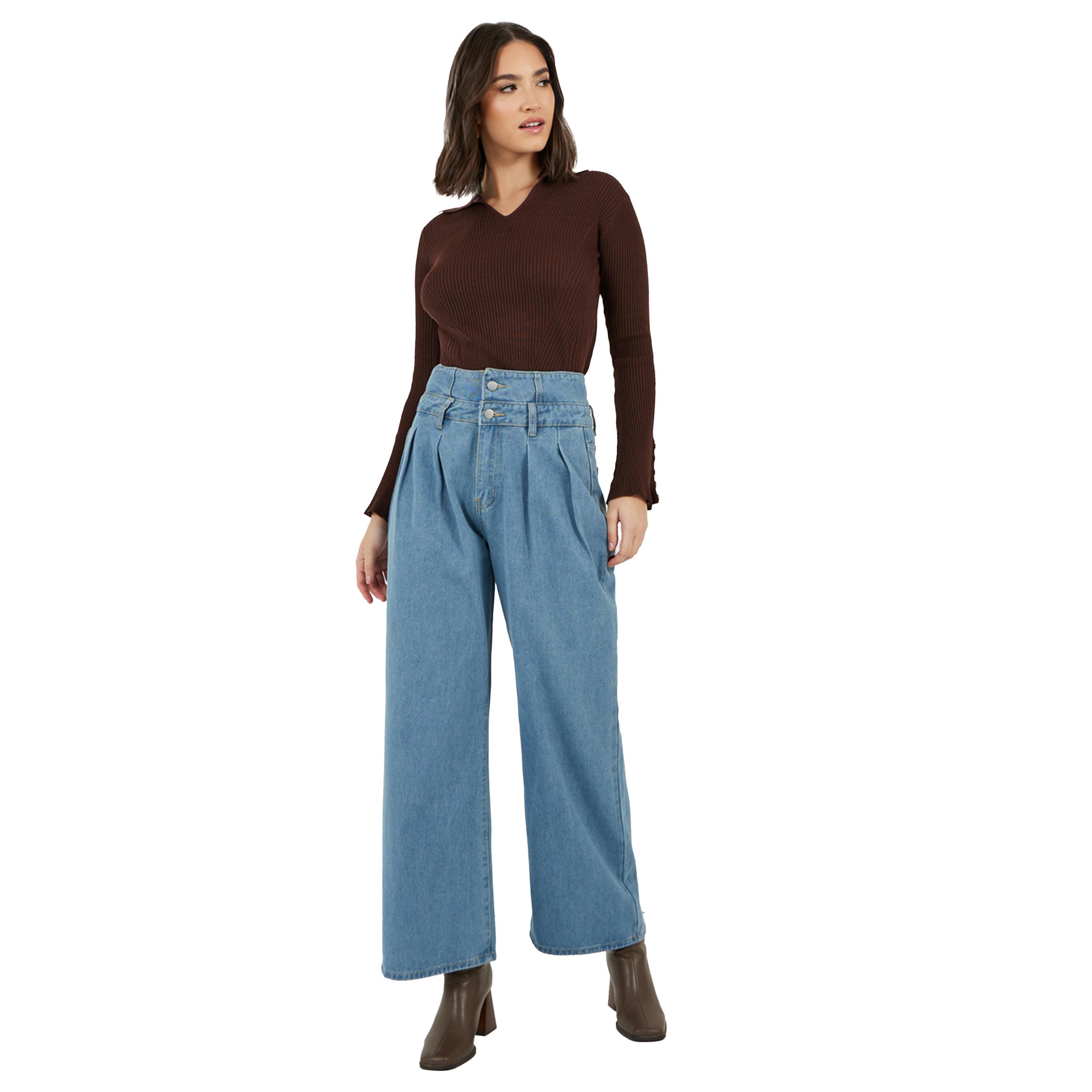 Styli High Rise Double Waistband Pleated Wide Leg Jeans-women-clothing-bottoms-jeans-image-1