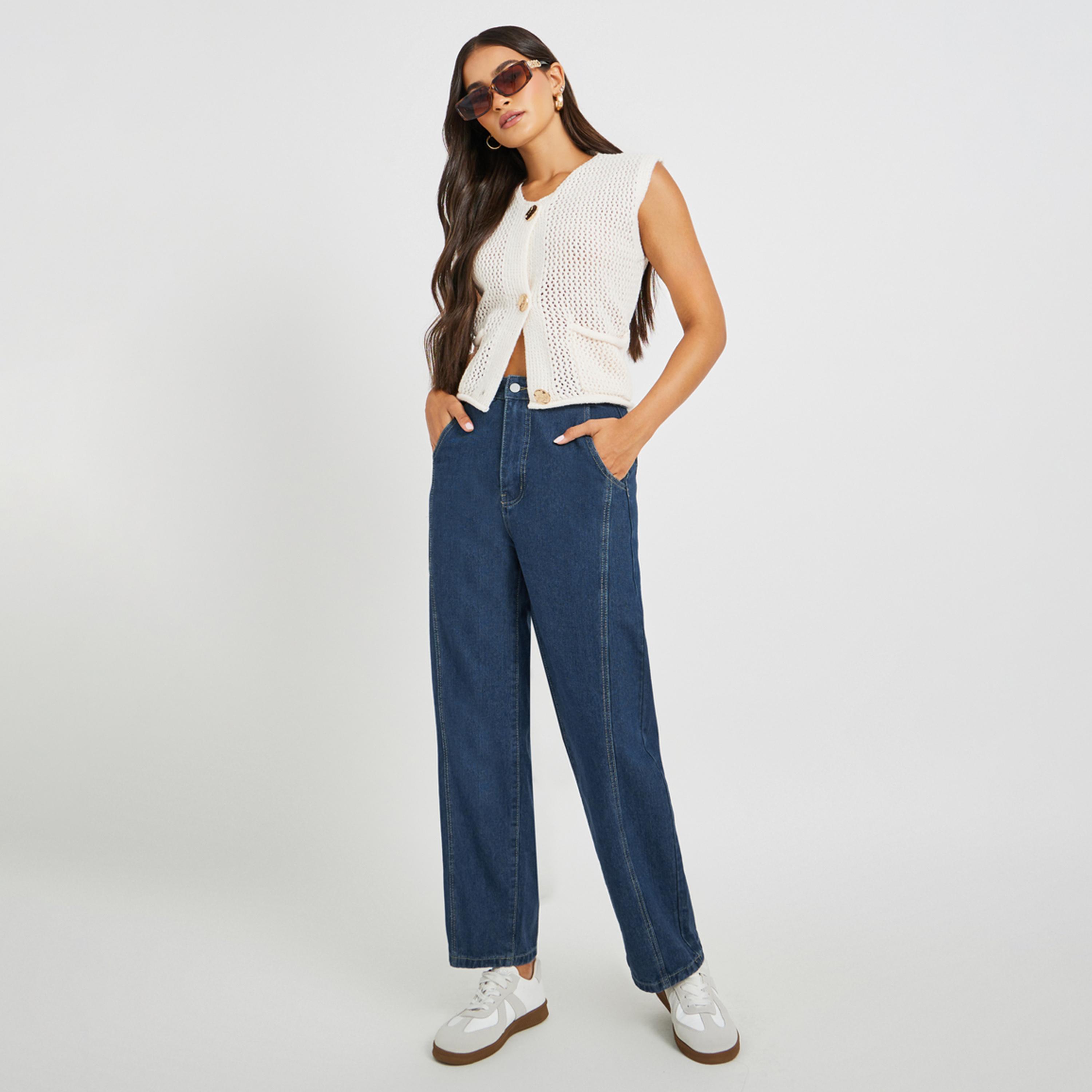 ستايلي - بنطال جينز متوسط الارتفاع مع حلقات حزام عريضة وقصة برميل واسعة-women-clothing-bottoms-jeans-image-2