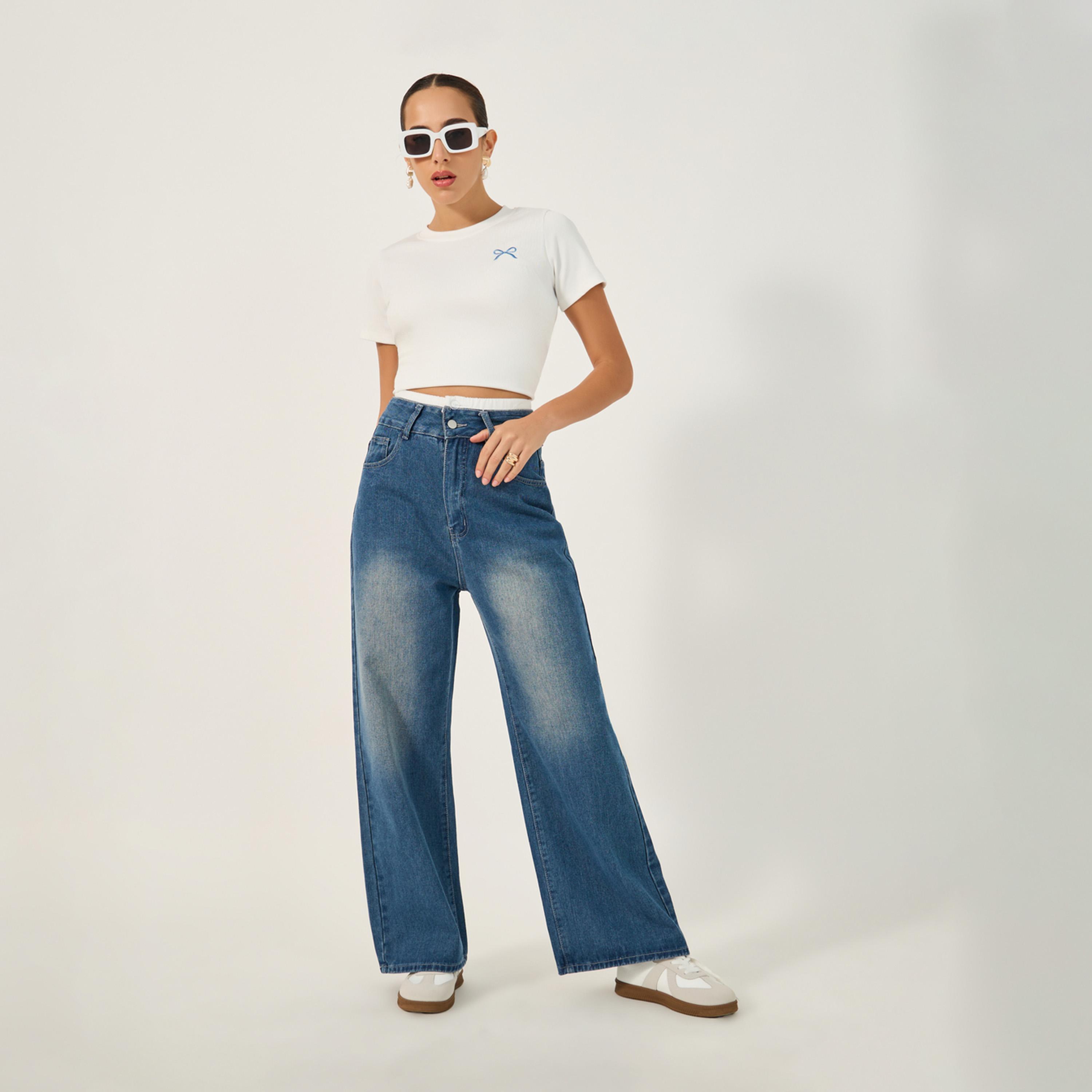 ستايلي - بنطال جينز باهت بساق واسعة وحزام خصر مزدوج-women-clothing-bottoms-jeans-image-1