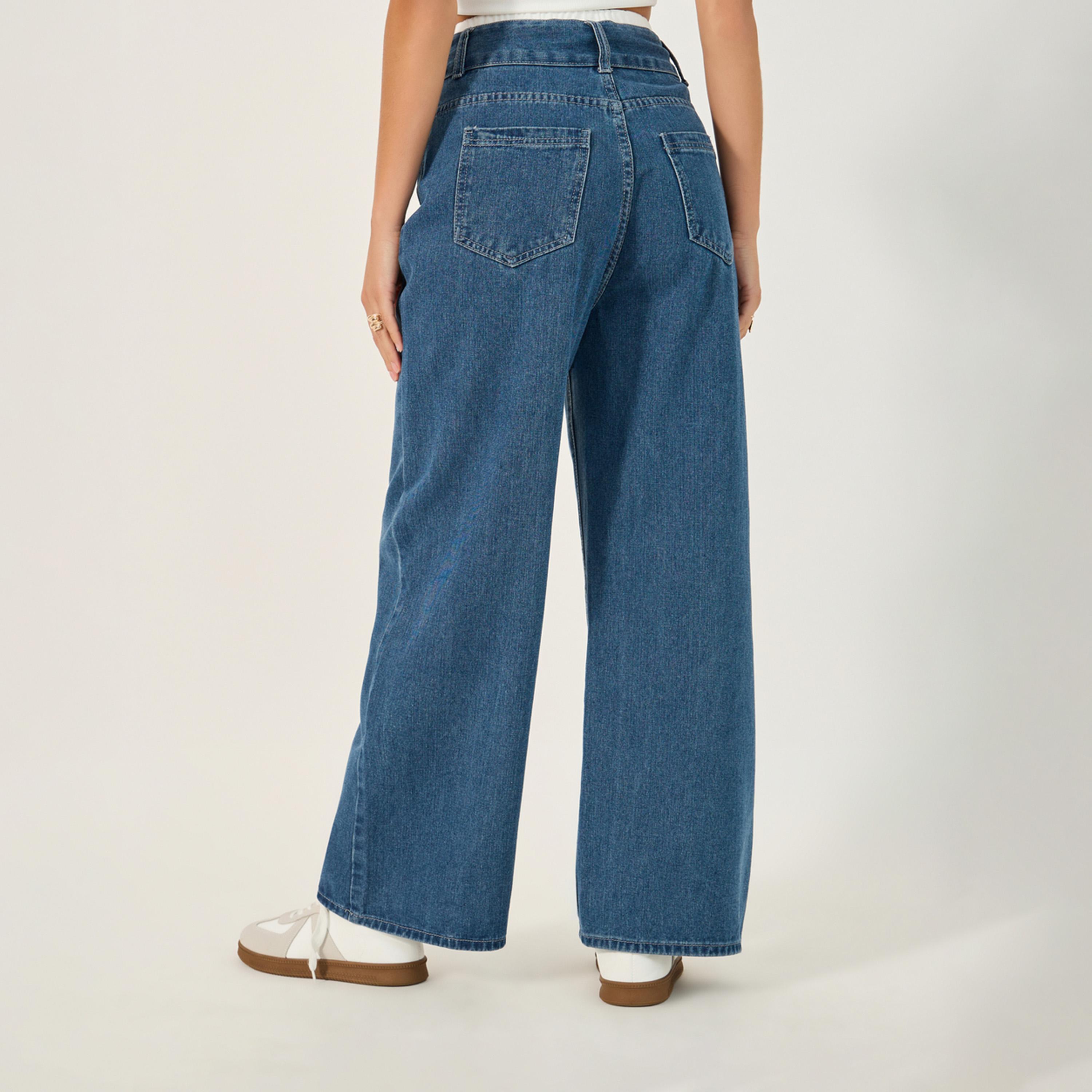 ستايلي - بنطال جينز باهت بساق واسعة وحزام خصر مزدوج-women-clothing-bottoms-jeans-image-4