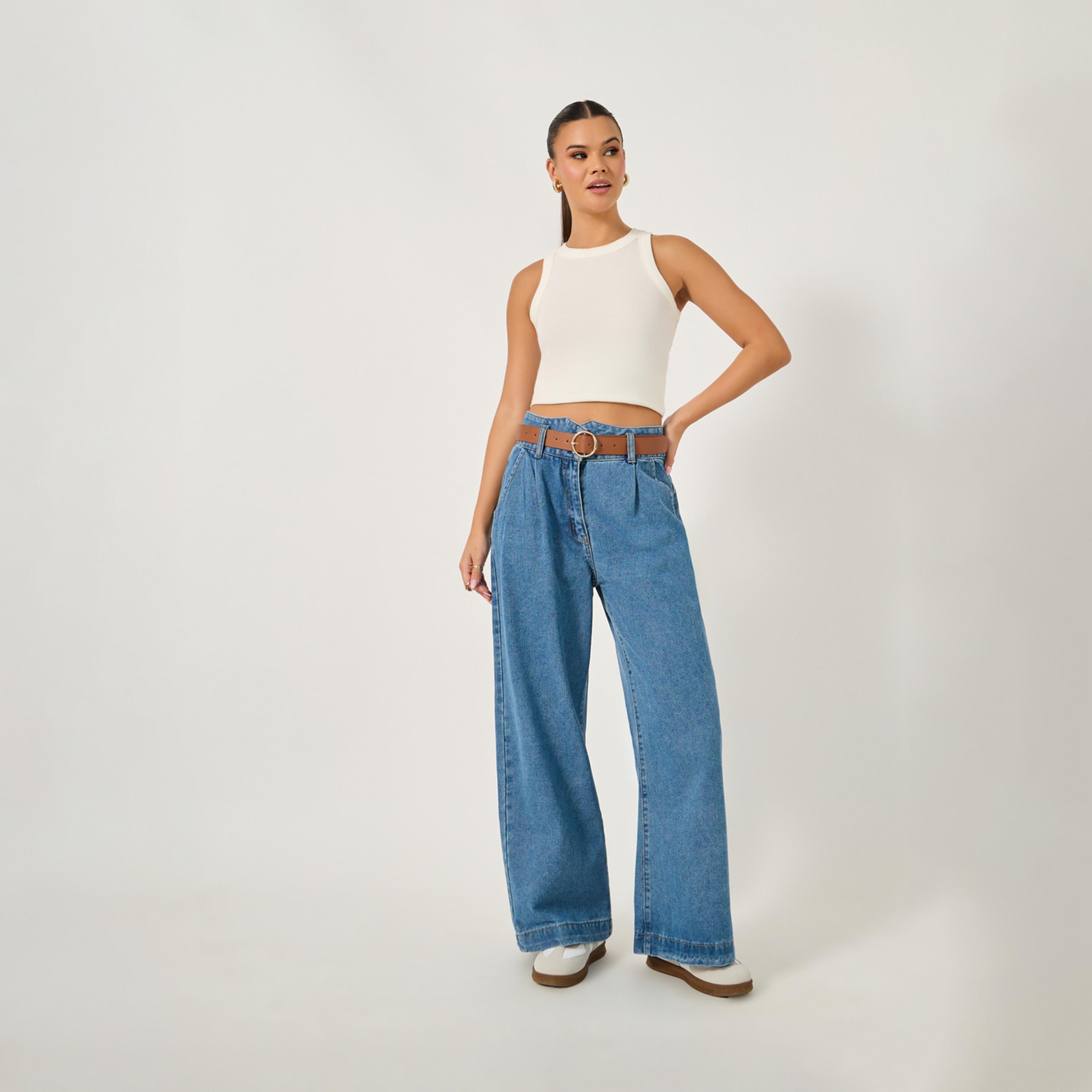 ستايلي - بنطال جينز واسع الساق بخصر مرتفع مع تفاصيل مشد الخصر-women-clothing-bottoms-jeans-image-1