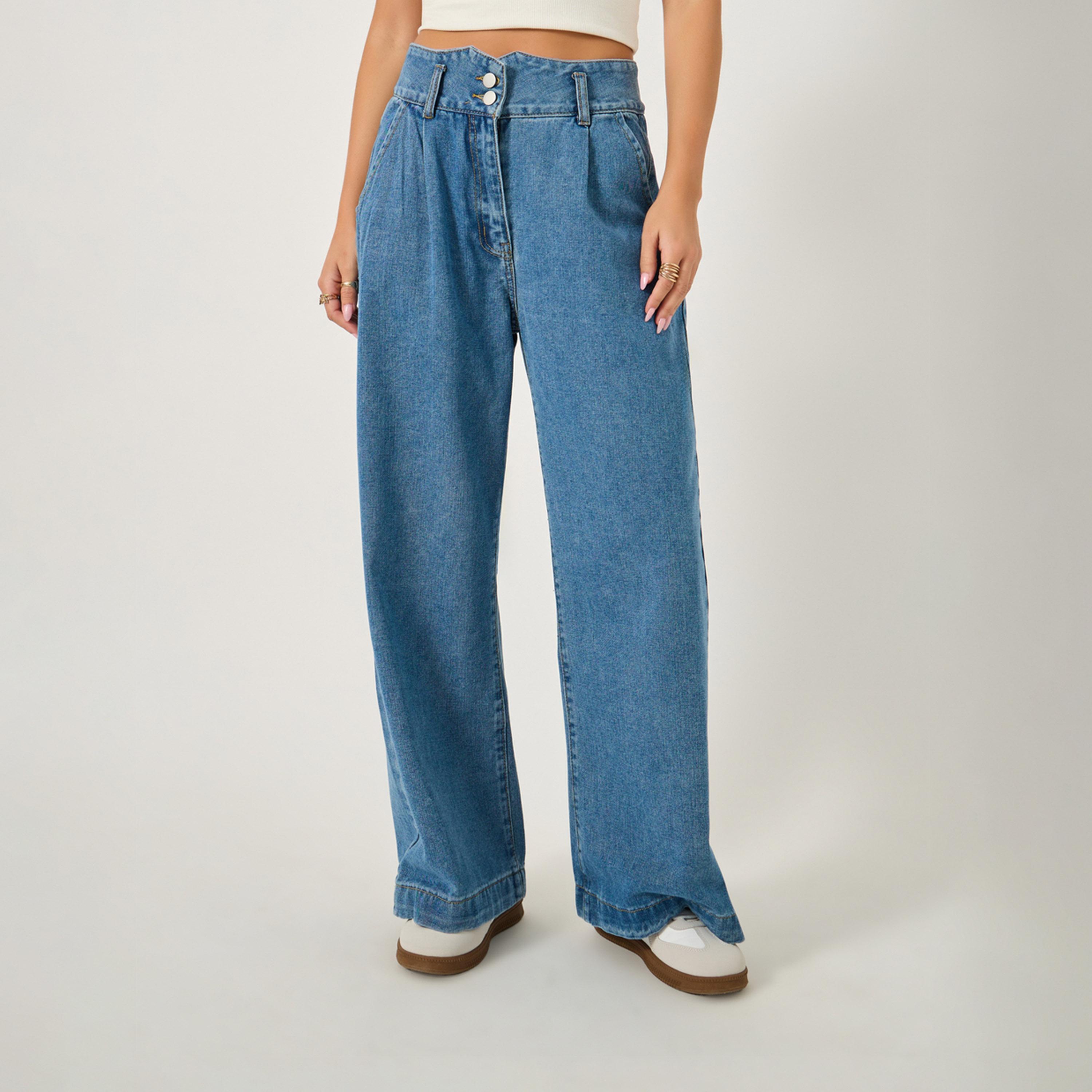 ستايلي - بنطال جينز واسع الساق بخصر مرتفع مع تفاصيل مشد الخصر-women-clothing-bottoms-jeans-image-2