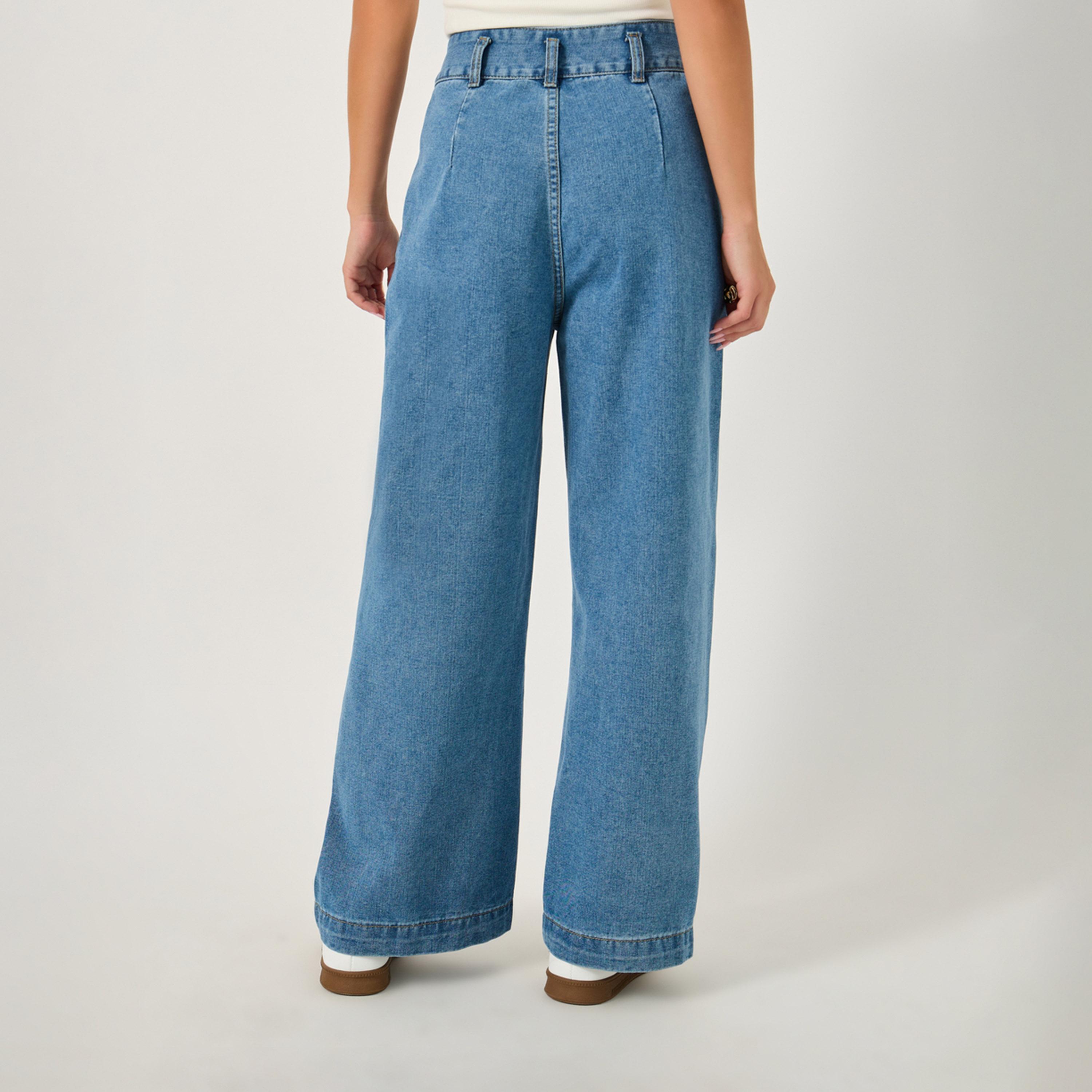 ستايلي - بنطال جينز واسع الساق بخصر مرتفع مع تفاصيل مشد الخصر-women-clothing-bottoms-jeans-image-4