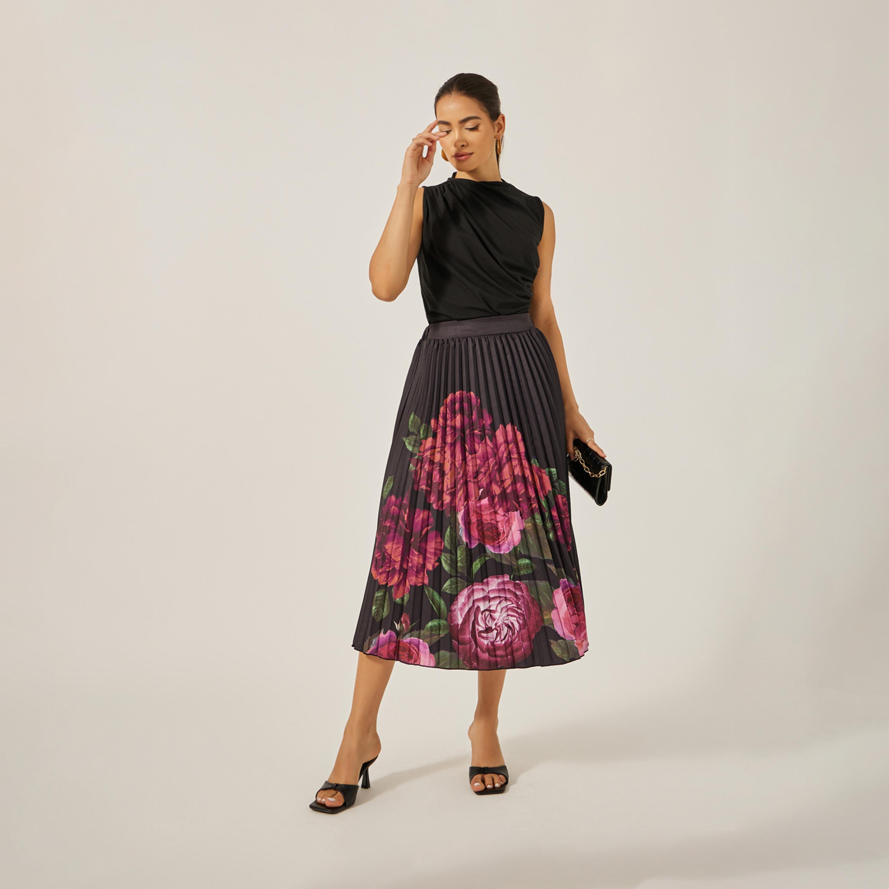 ستايلي - تنورة ميدي مطوية عالية الخصر بطبعة زهور-women-clothing-bottoms-skirts-image-1