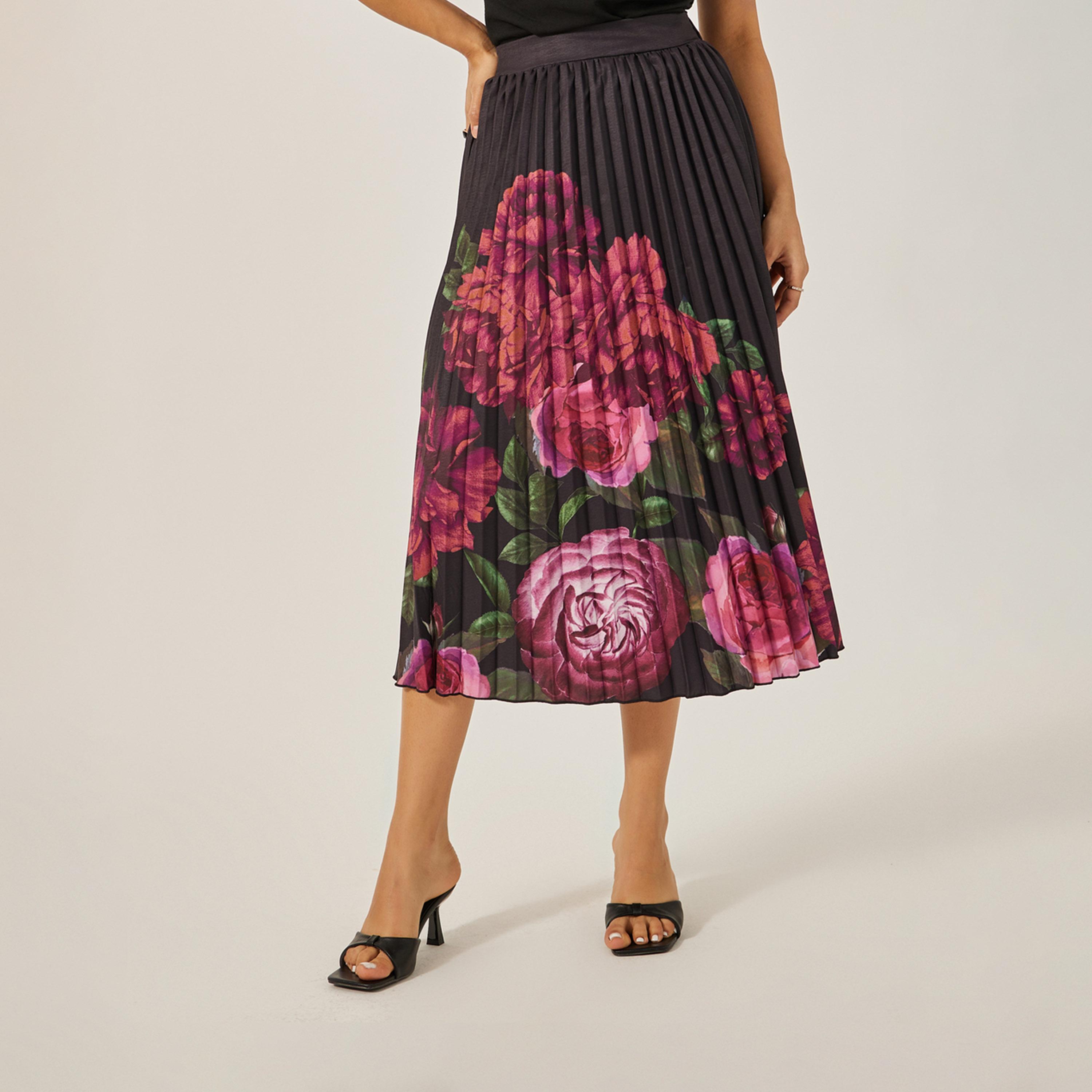 ستايلي - تنورة ميدي مطوية عالية الخصر بطبعة زهور-women-clothing-bottoms-skirts-image-2