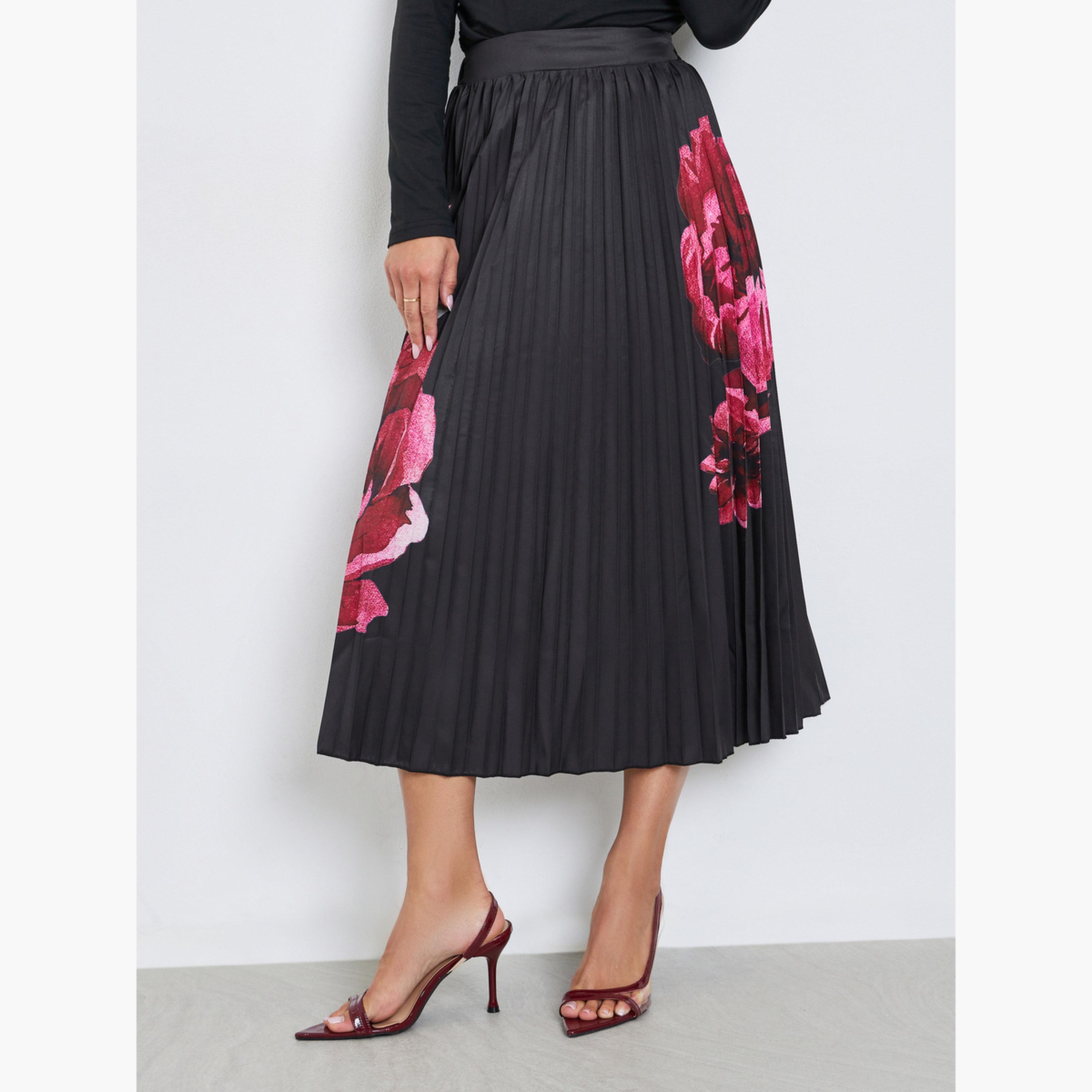 ستايلي - تنورة ميدي مطوية نقشة زهور سوداء للنساء-women-clothing-bottoms-skirts-image-1