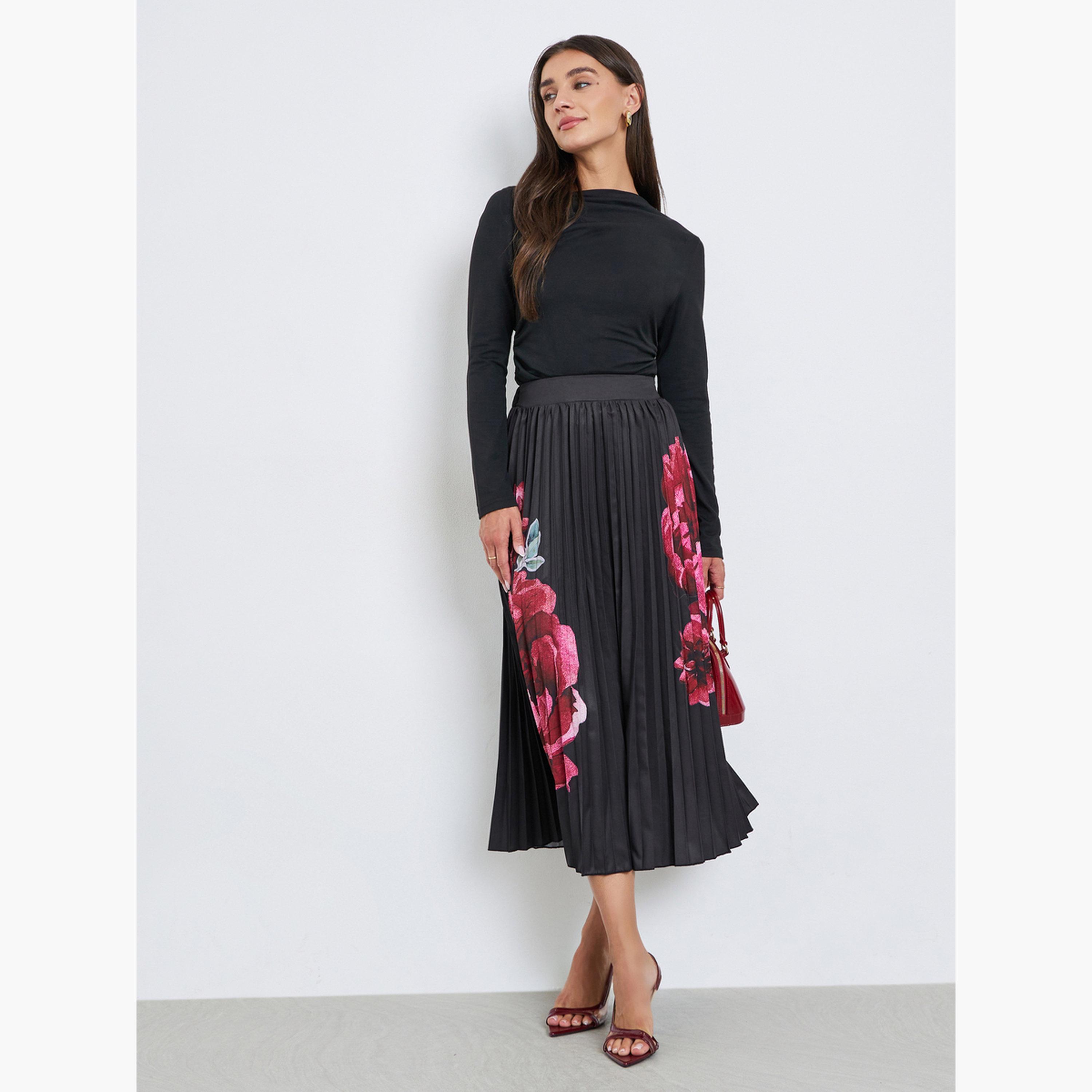 ستايلي - تنورة ميدي مطوية نقشة زهور سوداء للنساء-women-clothing-bottoms-skirts-image-2