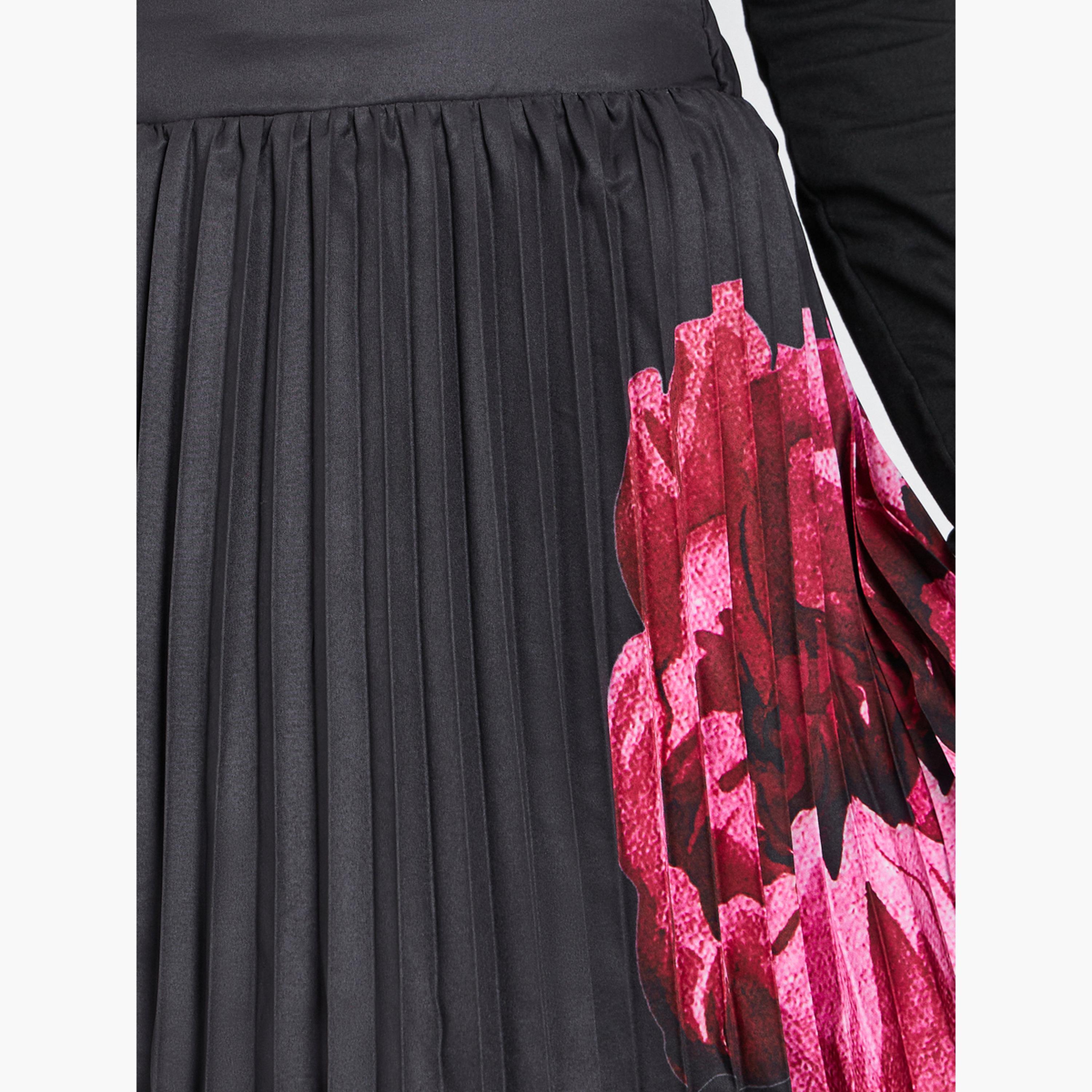 ستايلي - تنورة ميدي مطوية نقشة زهور سوداء للنساء-women-clothing-bottoms-skirts-image-3