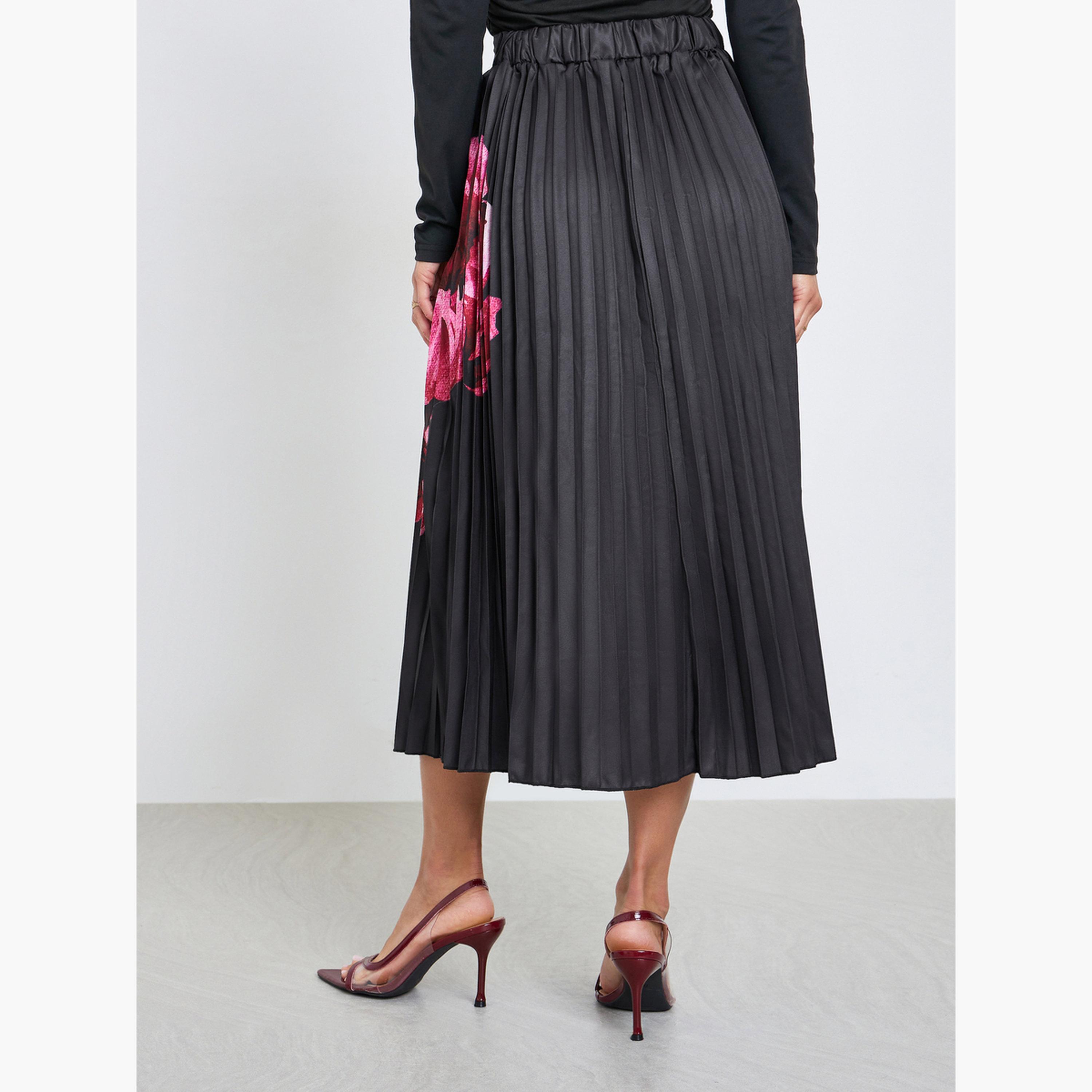 ستايلي - تنورة ميدي مطوية نقشة زهور سوداء للنساء-women-clothing-bottoms-skirts-image-4