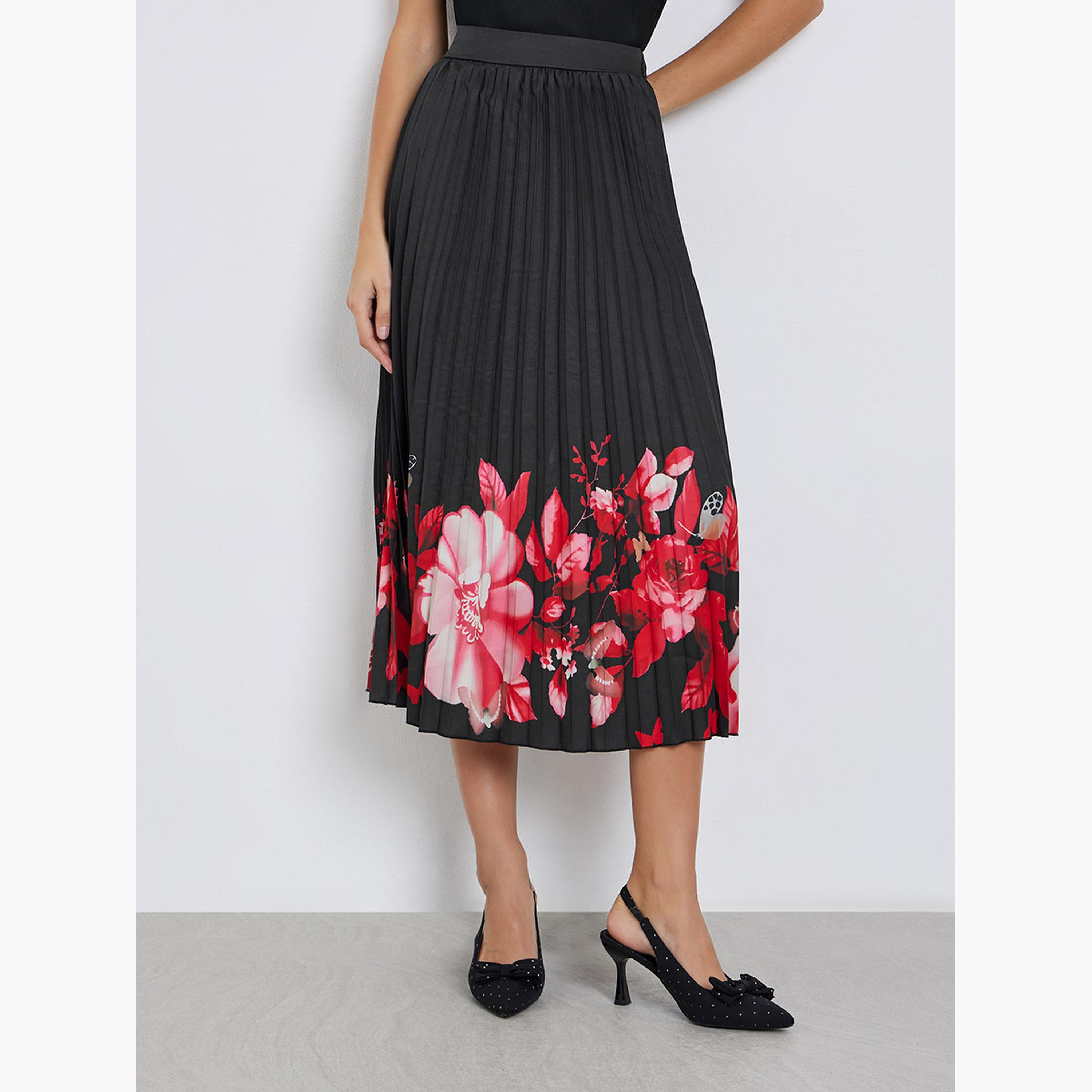 ستايلي - تنورة متوسط الطول مطوية بطبعة زهور سوداء-women-clothing-bottoms-skirts-image-1