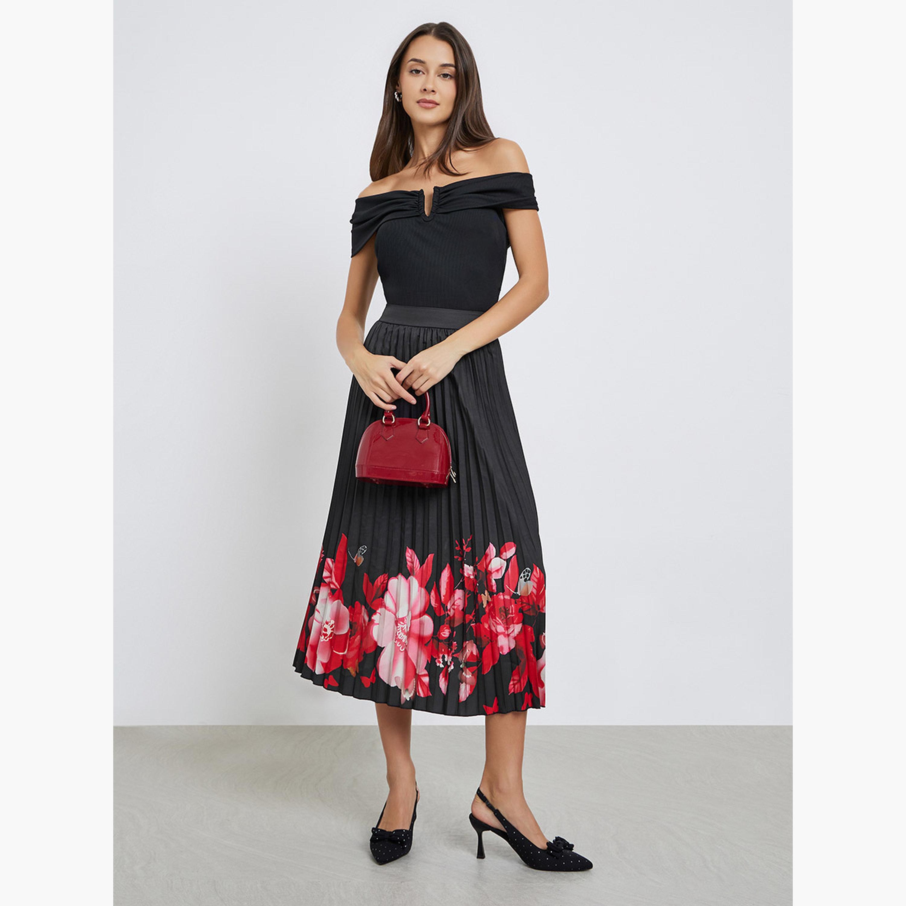 ستايلي - تنورة متوسط الطول مطوية بطبعة زهور سوداء-women-clothing-bottoms-skirts-image-2