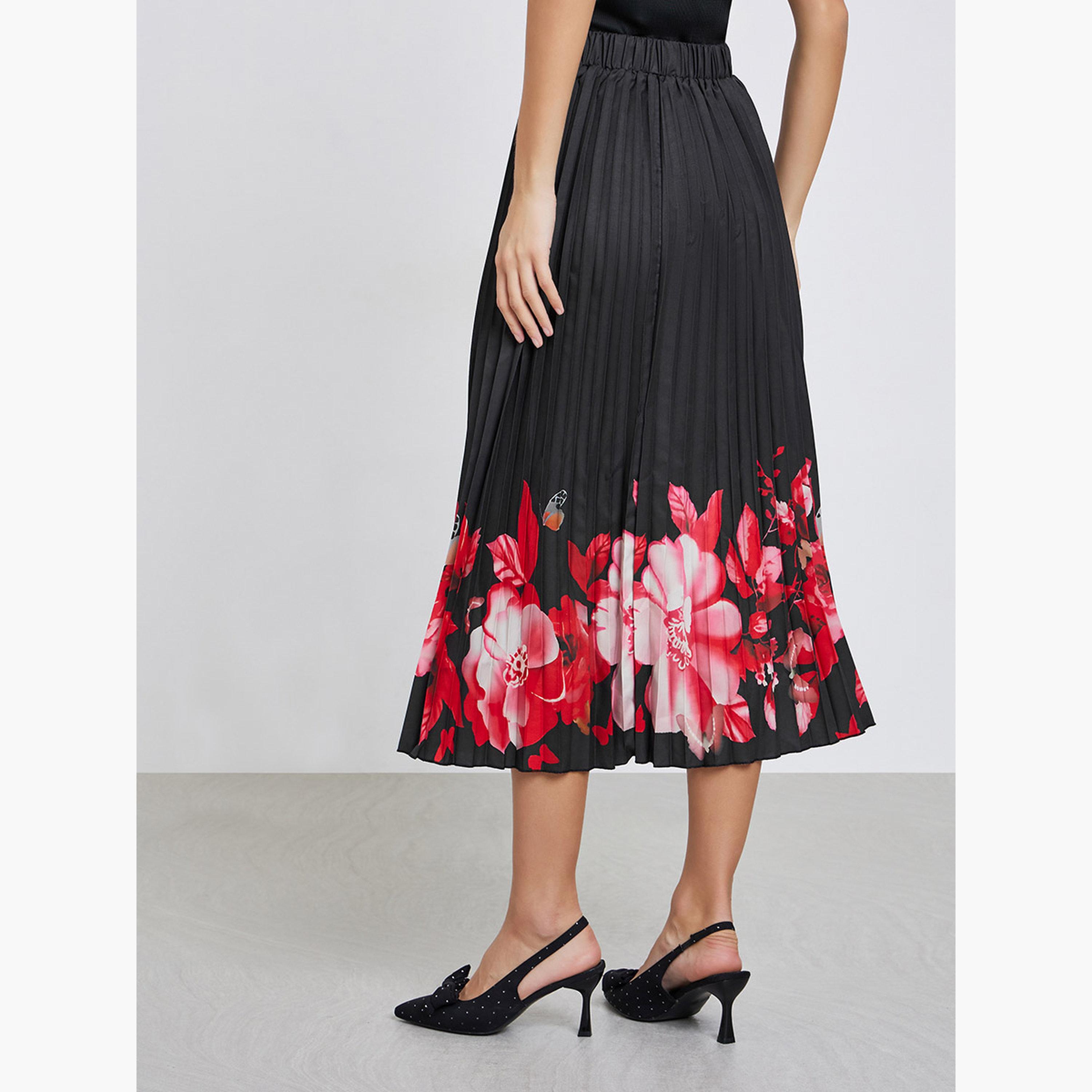ستايلي - تنورة متوسط الطول مطوية بطبعة زهور سوداء-women-clothing-bottoms-skirts-image-4