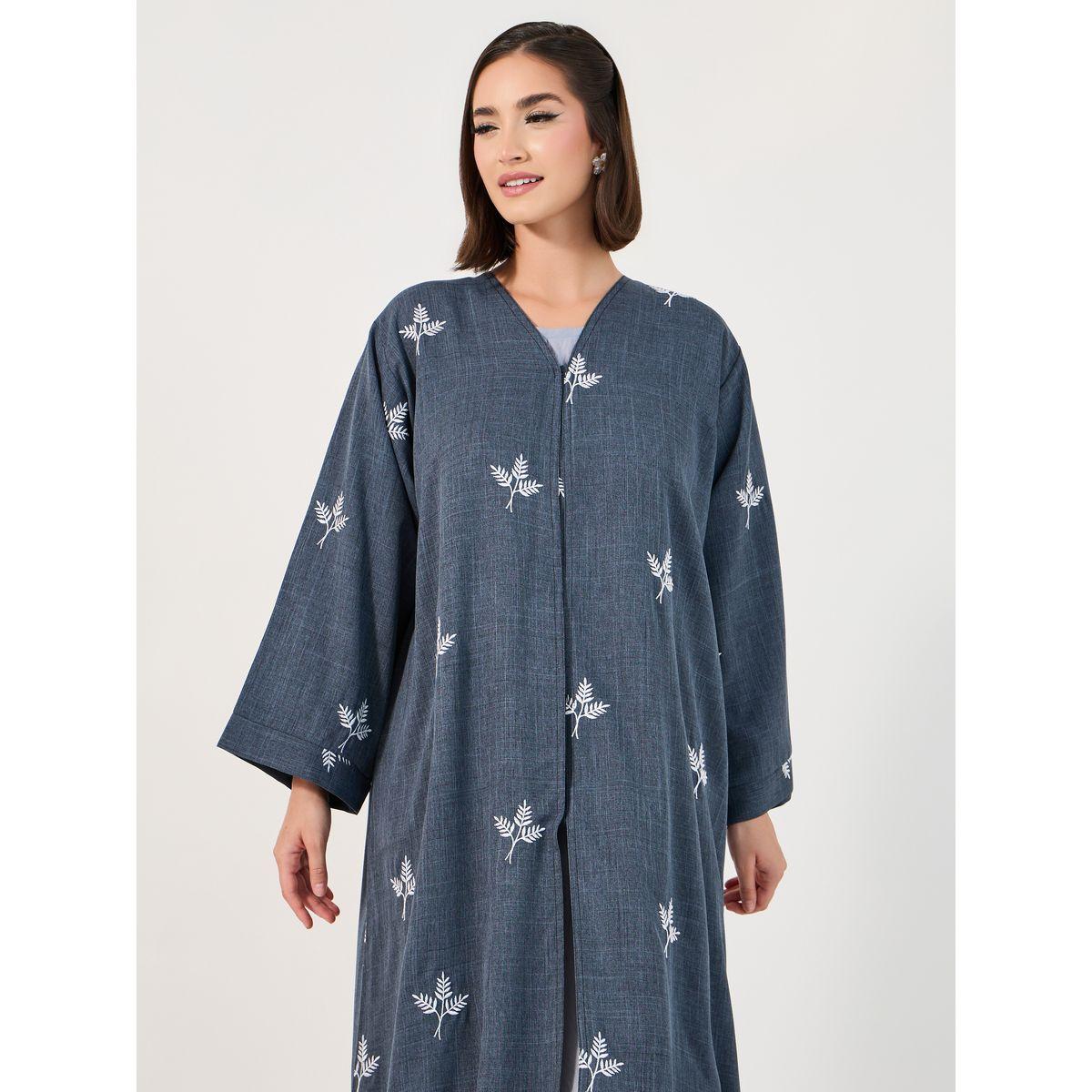 Styli Leaf Embroidery Detail Melange Abaya-women-arabicclothing-abayas-image-2