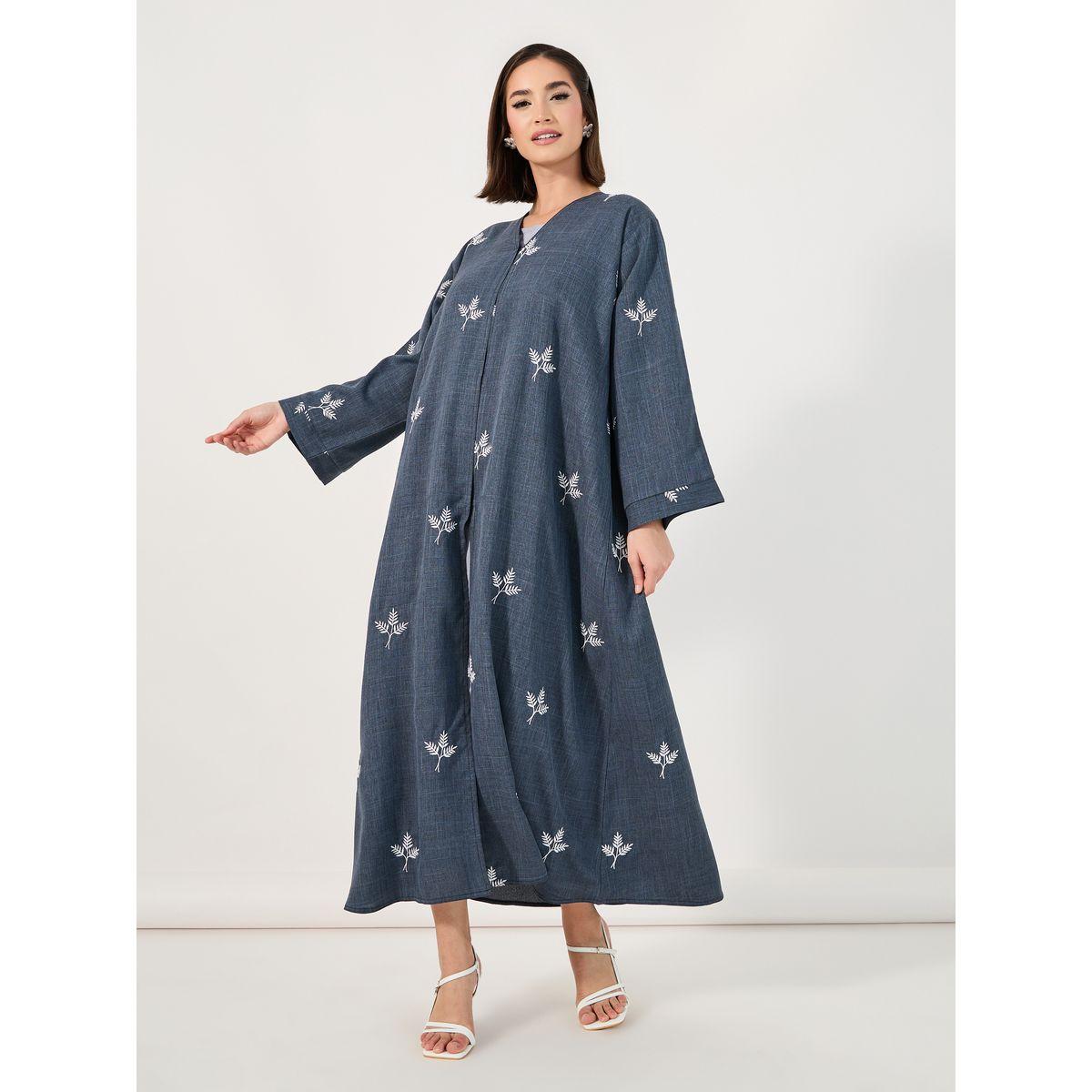Styli Leaf Embroidery Detail Melange Abaya-women-arabicclothing-abayas-image-4