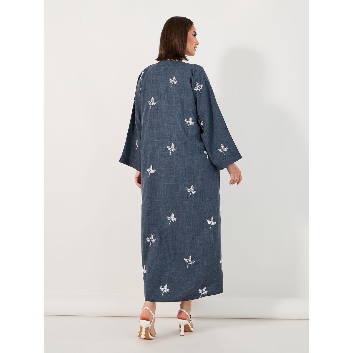 Styli Leaf Embroidery Detail Melange Abaya-women-arabicclothing-abayas-image-6