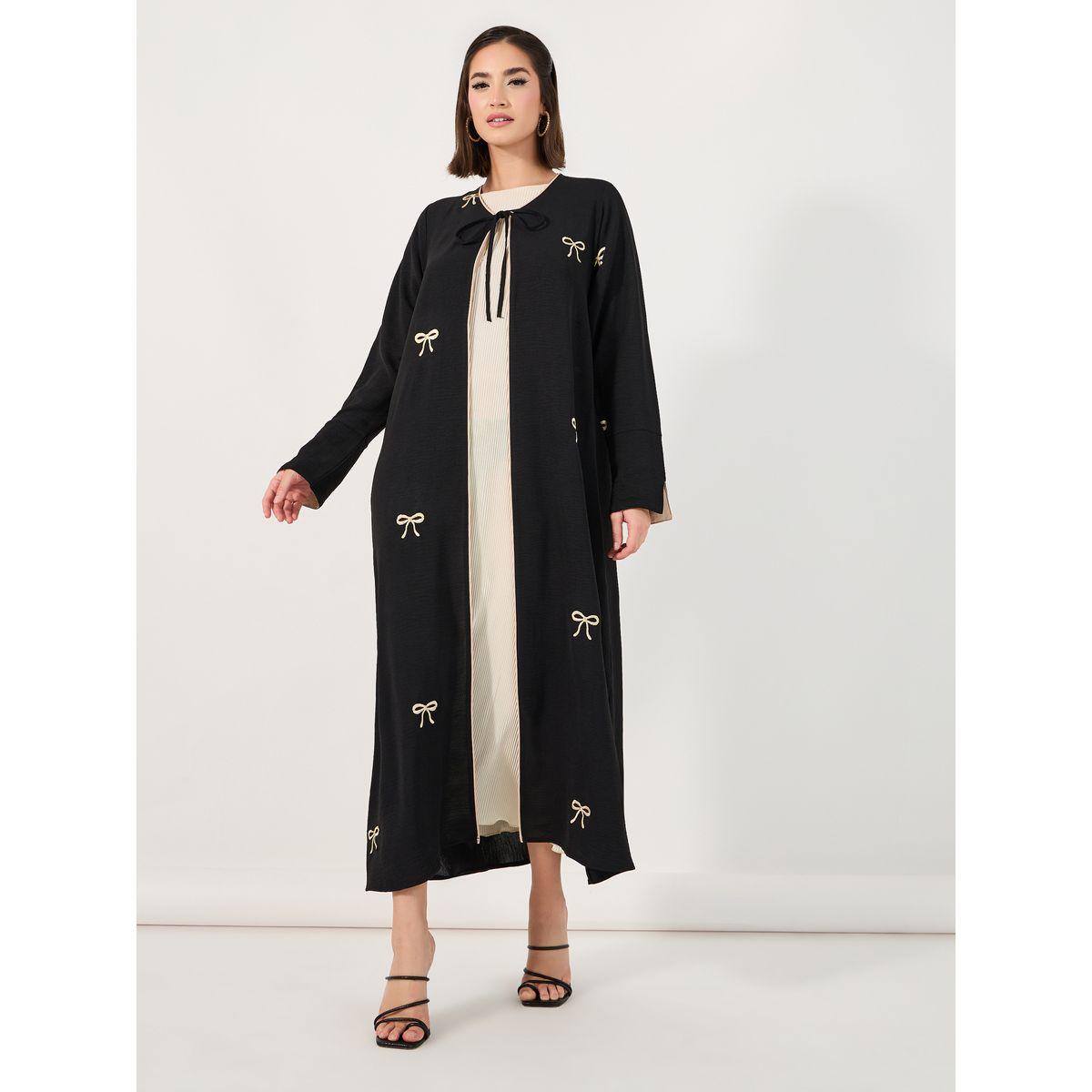 Styli Bow Embroidery Detail Tie-Up Abaya-women-arabicclothing-abayas-image-1