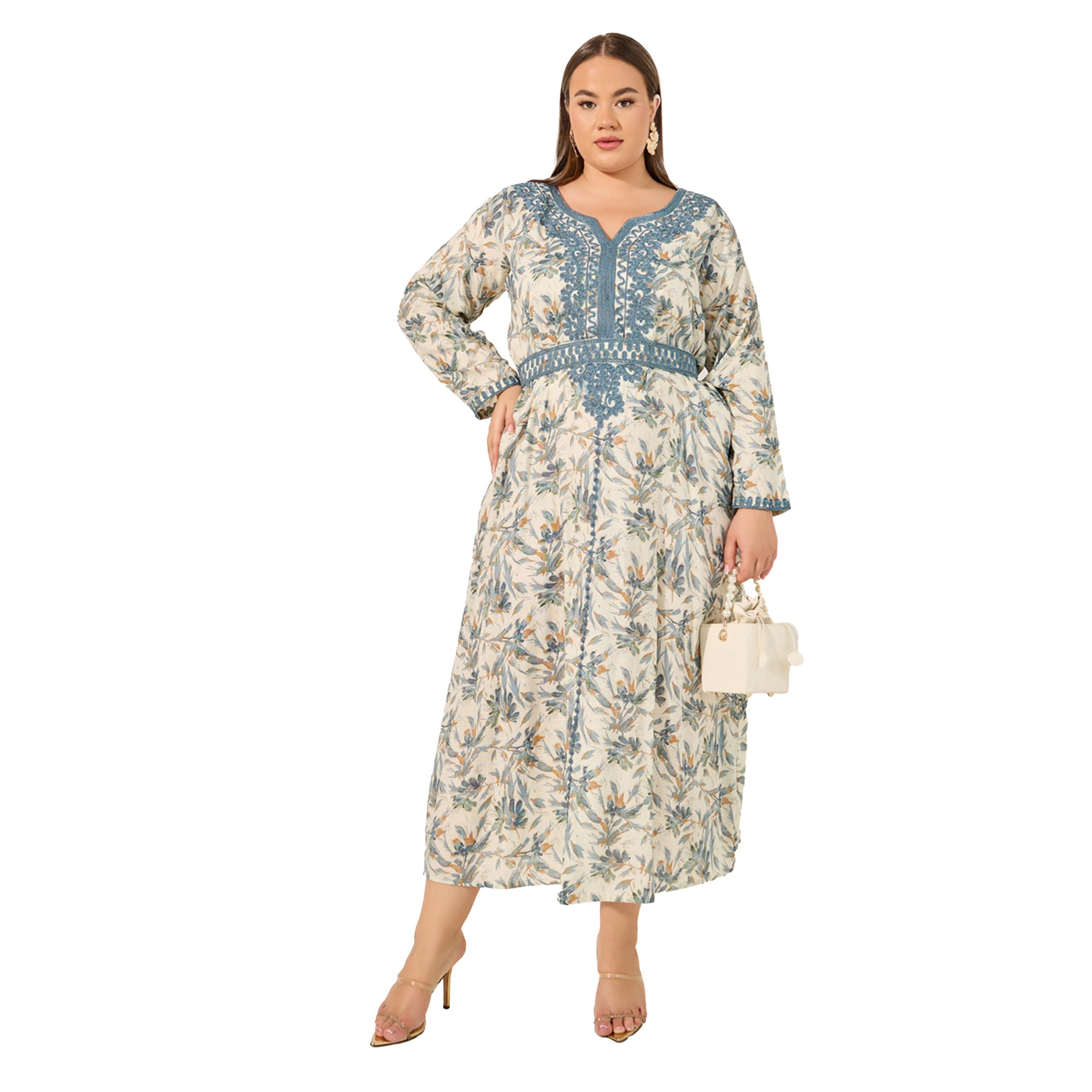 Styli Floral Printed Embroidered Belted Kaftan-women-arabicclothing-jalabiyas-image-1