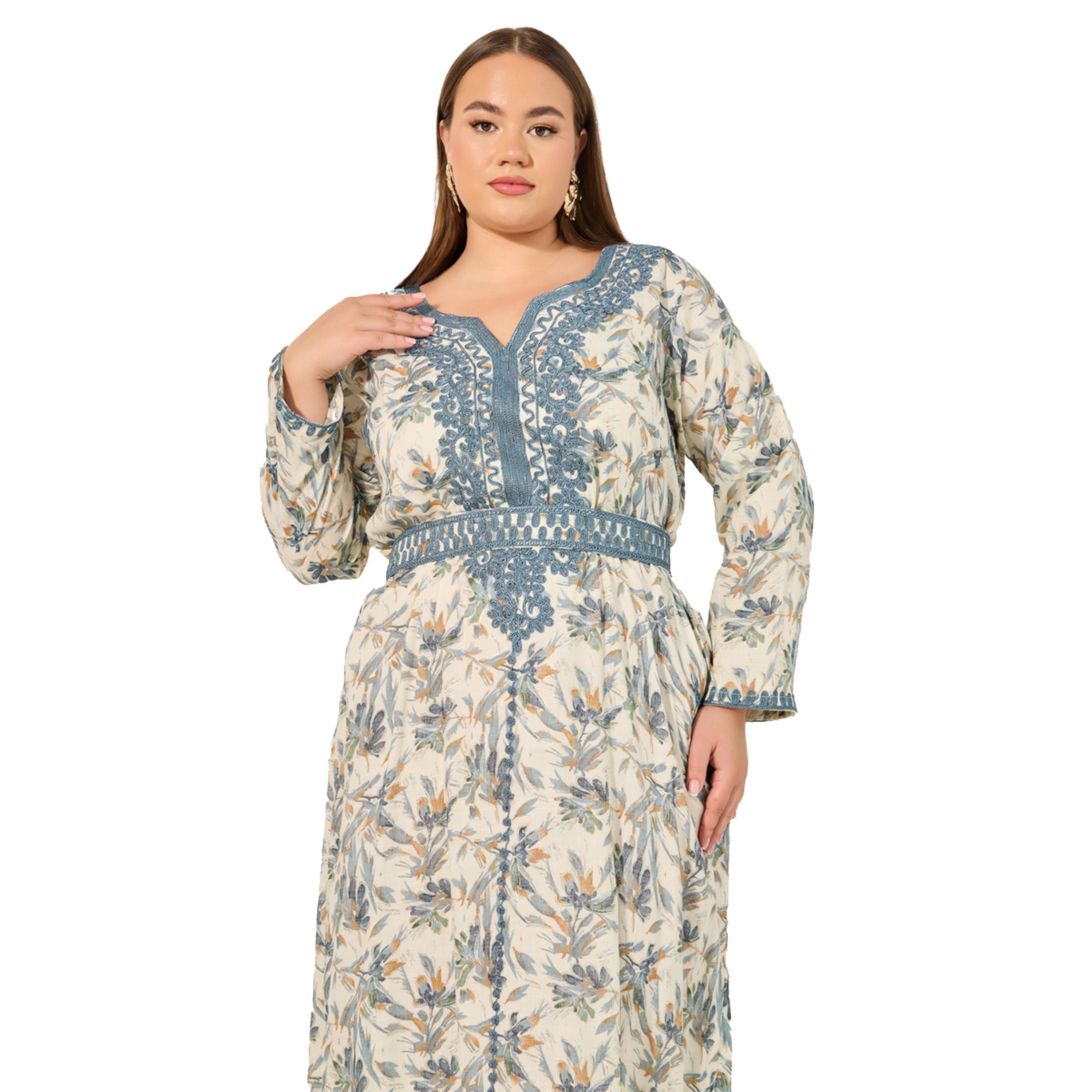 Styli Floral Printed Embroidered Belted Kaftan-women-arabicclothing-jalabiyas-image-3