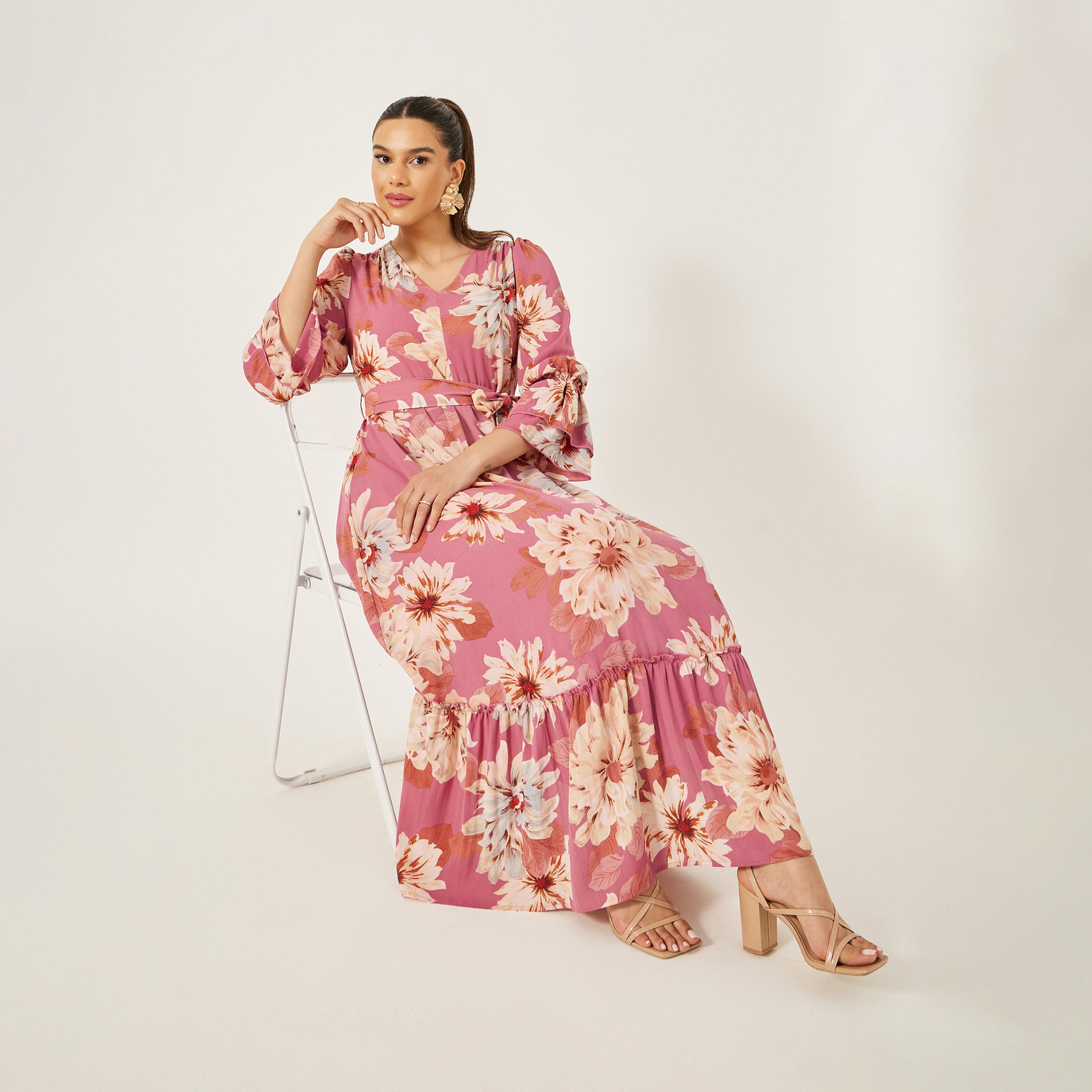 ستايلي - فستان ماكسي بقصة A مع حافة مكشكشة وطبعة زهور-women-clothing-dresses-image-1