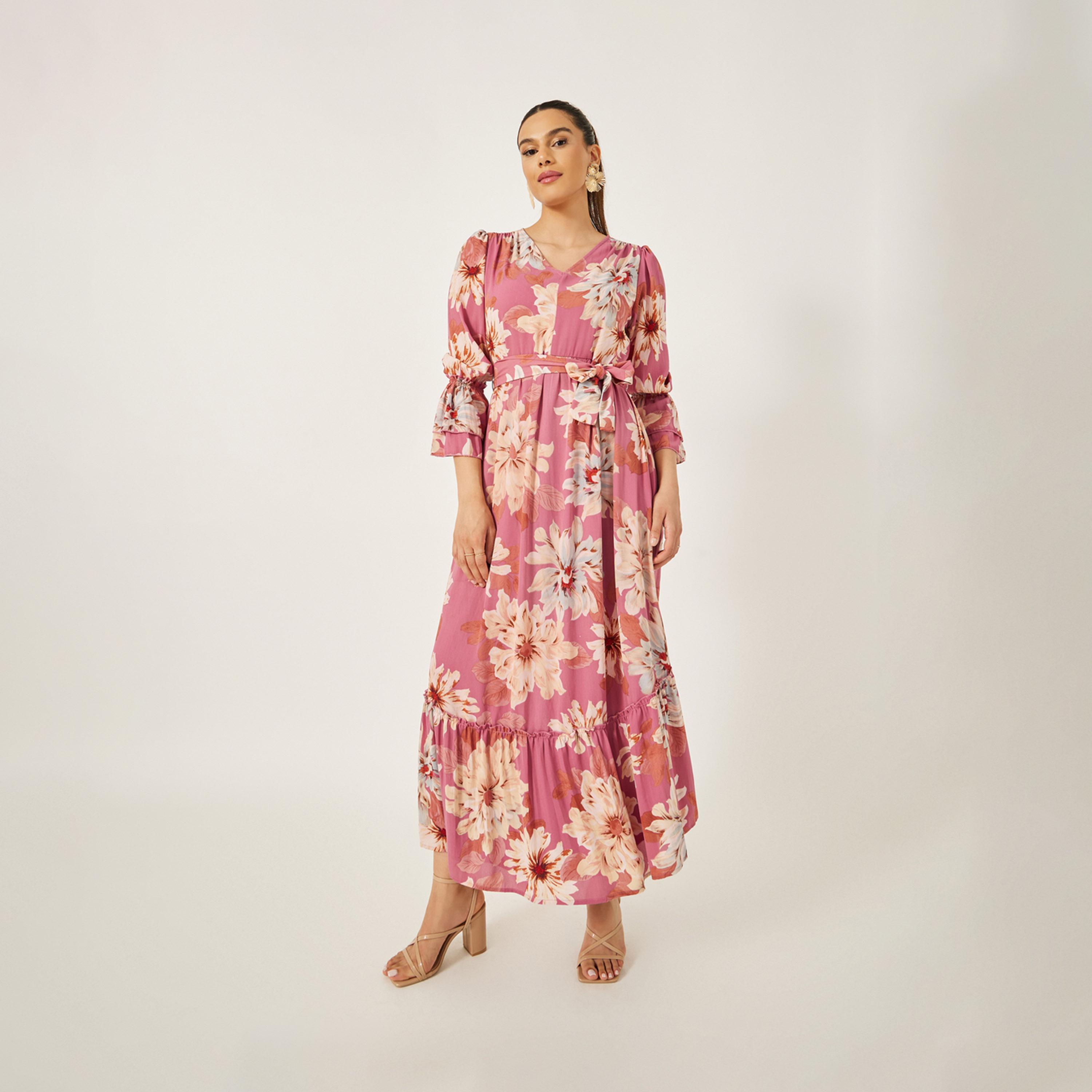 ستايلي - فستان ماكسي بقصة A مع حافة مكشكشة وطبعة زهور-women-clothing-dresses-image-2