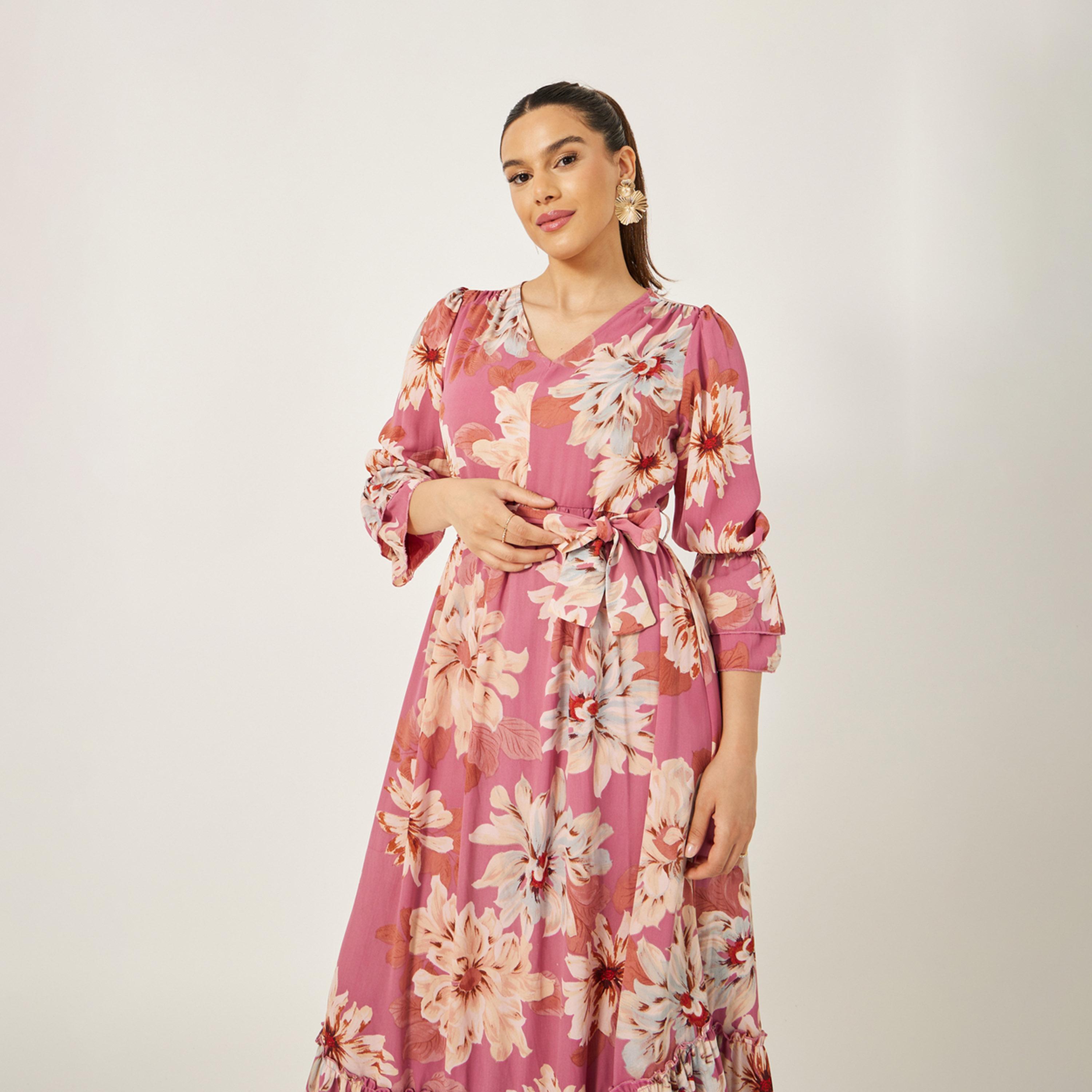 ستايلي - فستان ماكسي بقصة A مع حافة مكشكشة وطبعة زهور-women-clothing-dresses-image-3