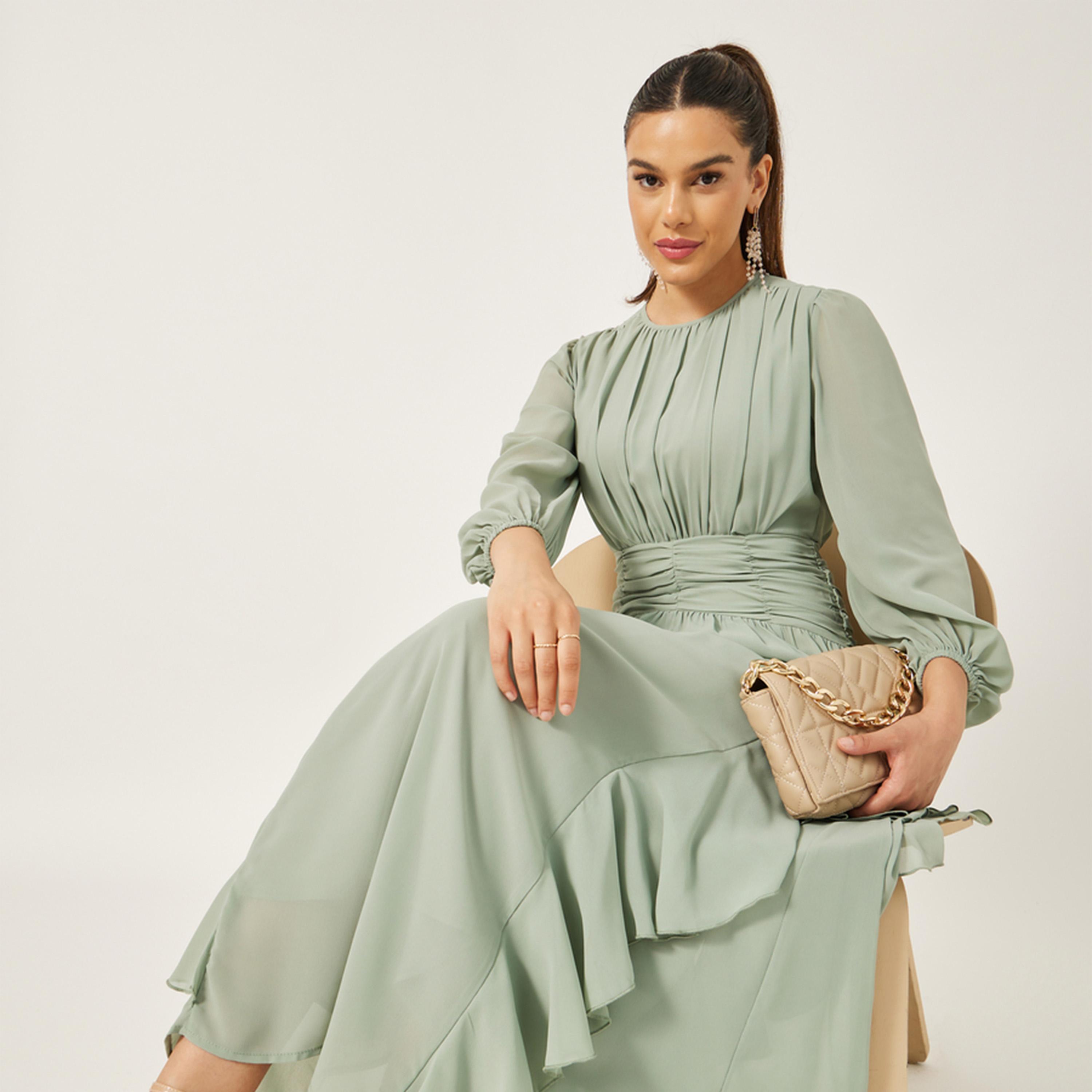 Styli Ruffled Detail Balloon Sleeves A-Line Midi Dress-women-clothing-dresses-image-1