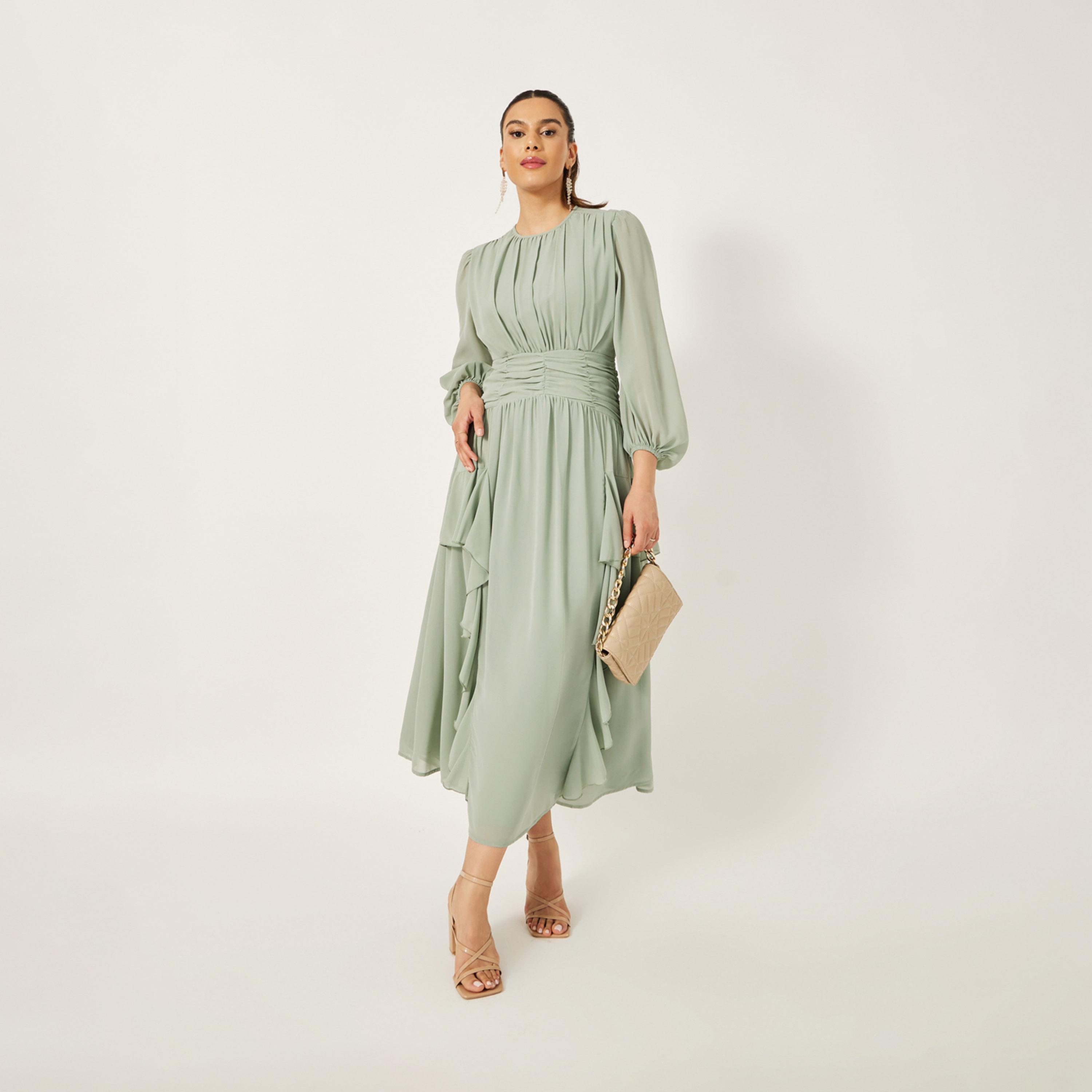 Styli Ruffled Detail Balloon Sleeves A-Line Midi Dress-women-clothing-dresses-image-2