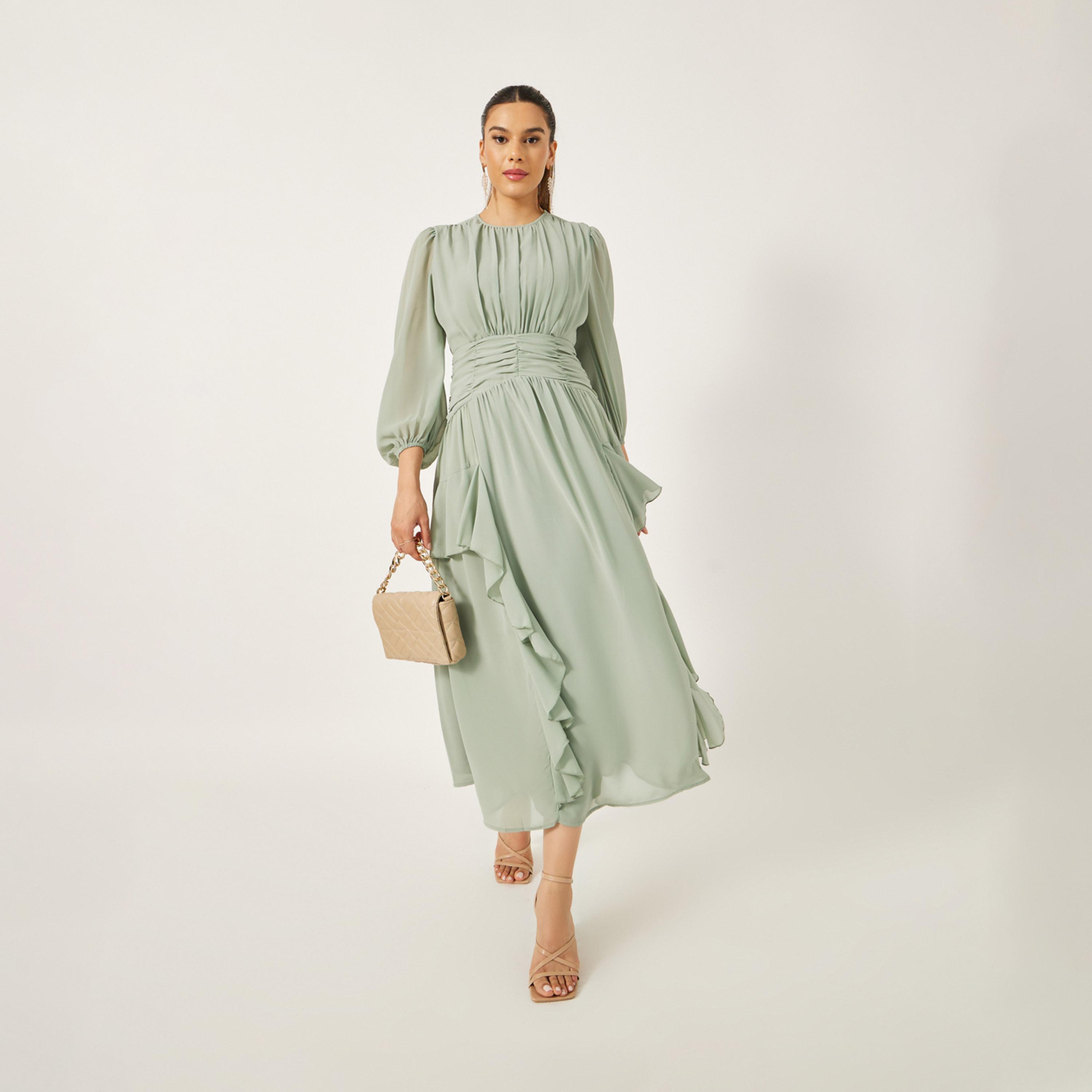 Styli Ruffled Detail Balloon Sleeves A-Line Midi Dress-women-clothing-dresses-image-3