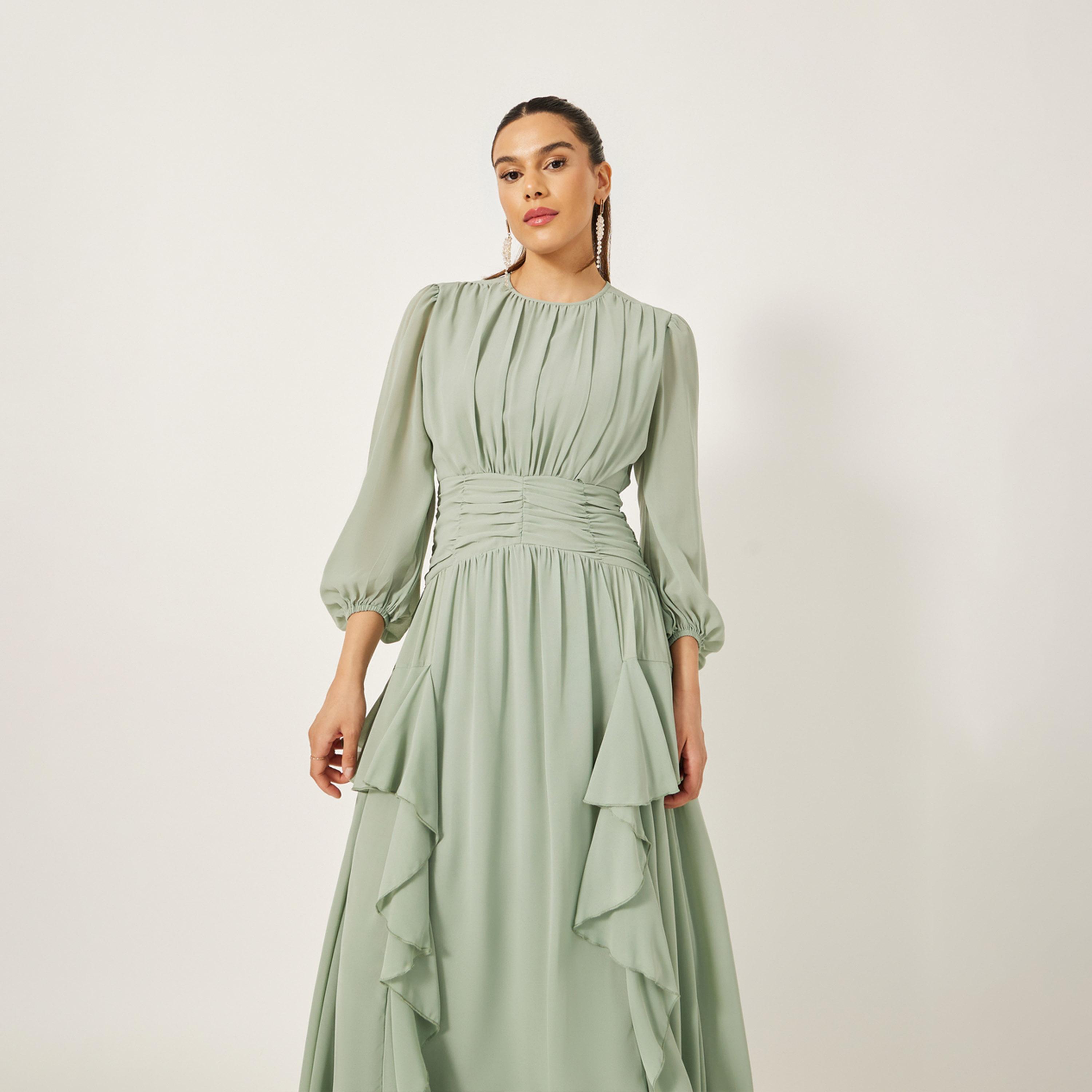 Styli Ruffled Detail Balloon Sleeves A-Line Midi Dress-women-clothing-dresses-image-4