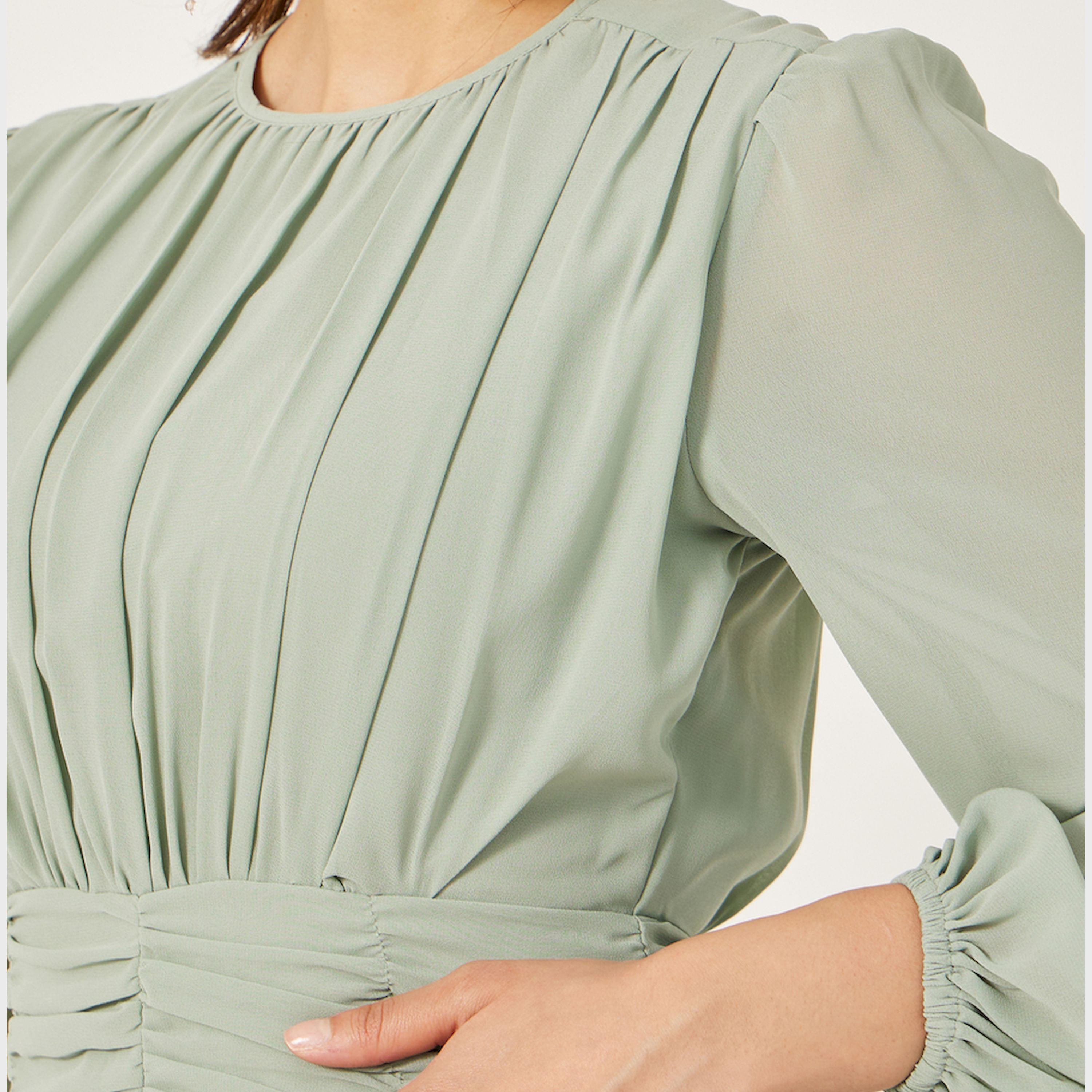 Styli Ruffled Detail Balloon Sleeves A-Line Midi Dress-women-clothing-dresses-image-5