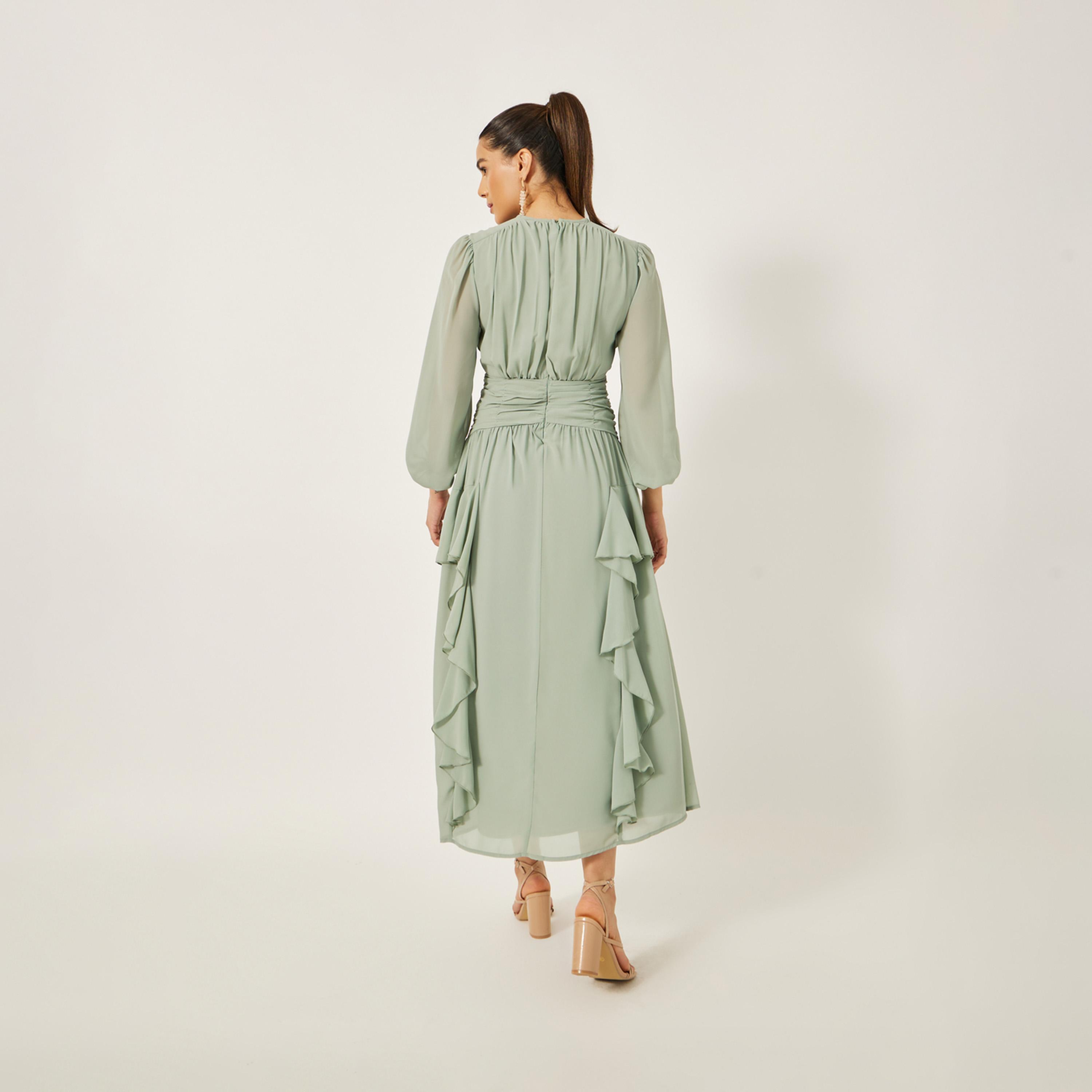 Styli Ruffled Detail Balloon Sleeves A-Line Midi Dress-women-clothing-dresses-image-6