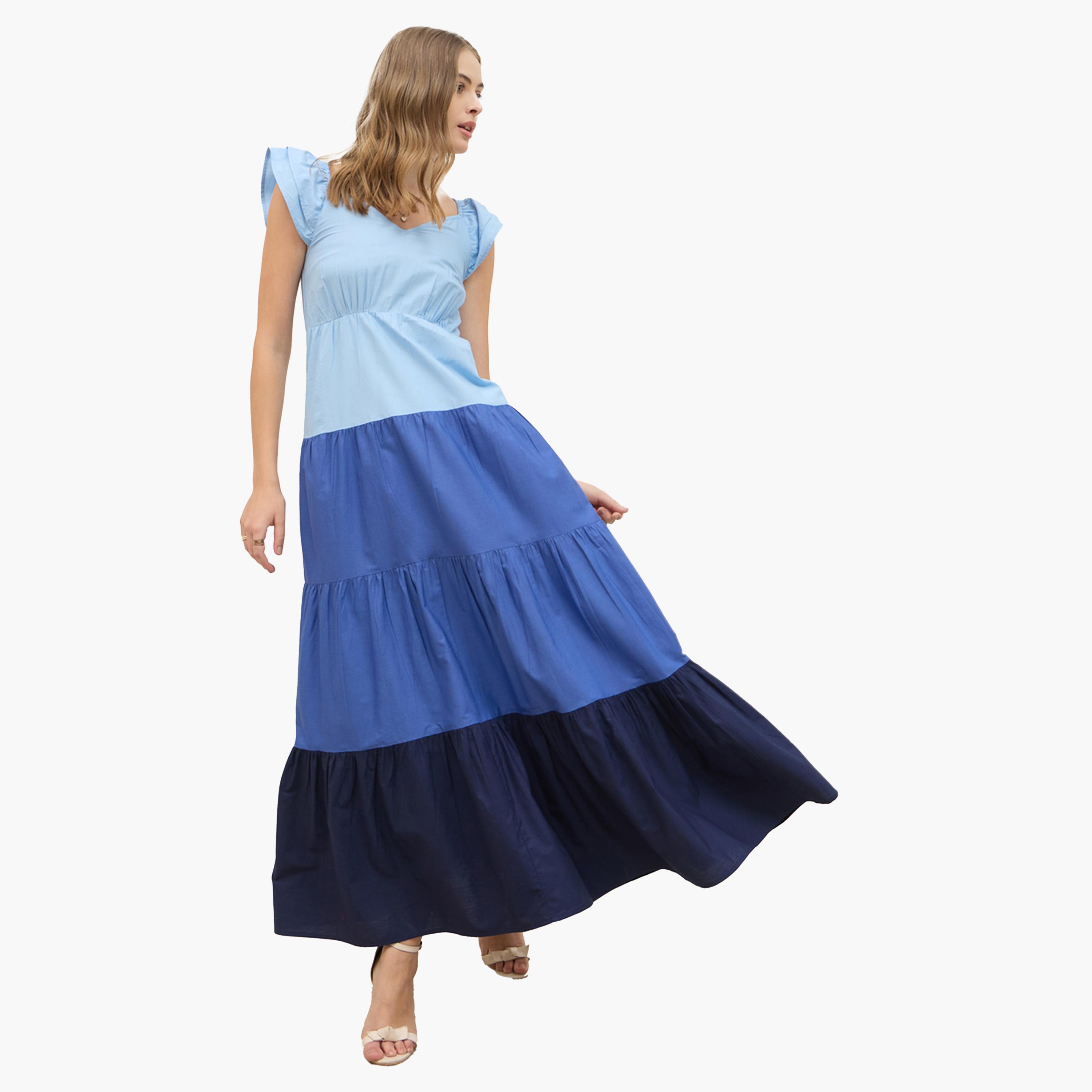 Styli Color Block Ruffled Sleeves Tiered Maxi Dress-women-clothing-dresses-image-1