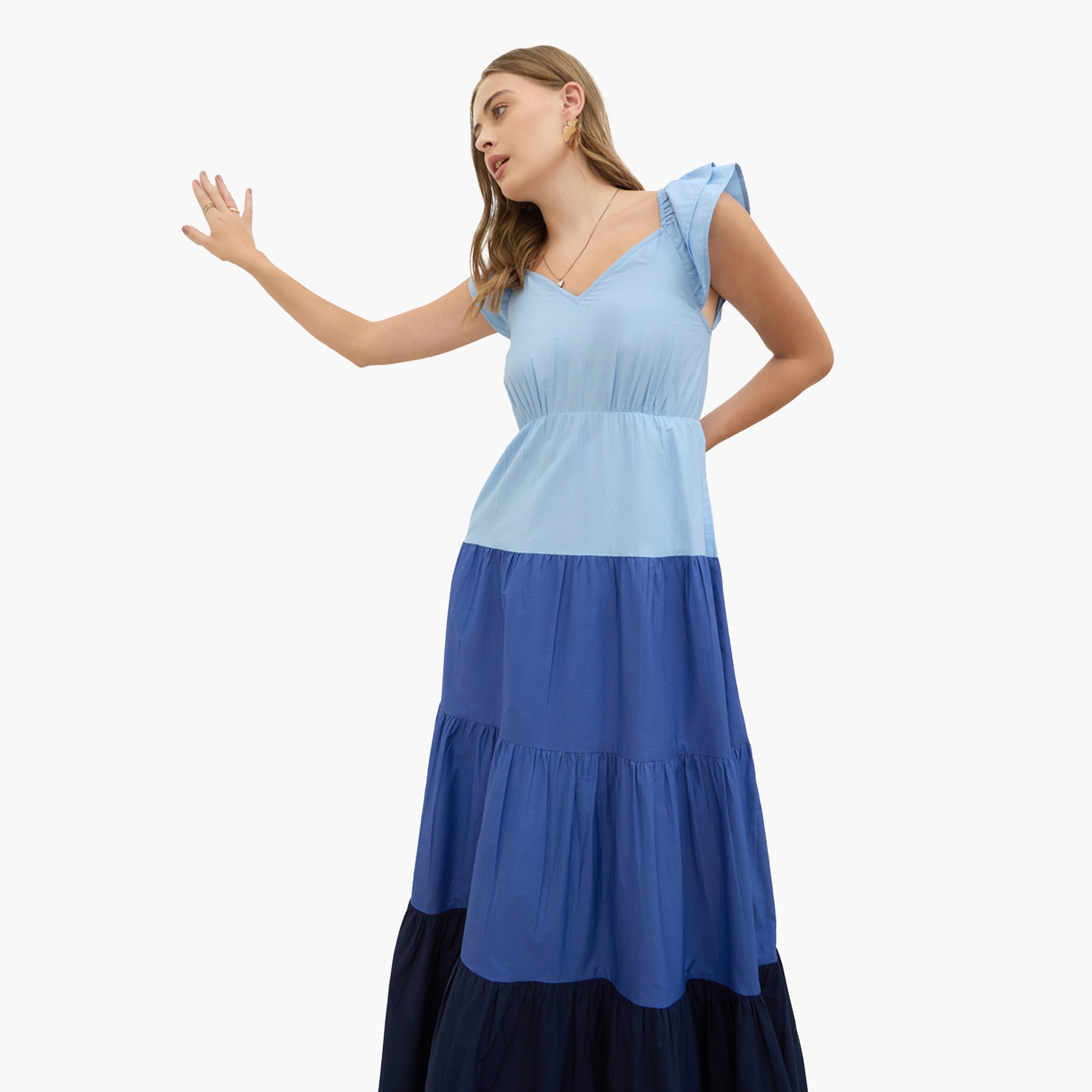 Styli Color Block Ruffled Sleeves Tiered Maxi Dress-women-clothing-dresses-image-6