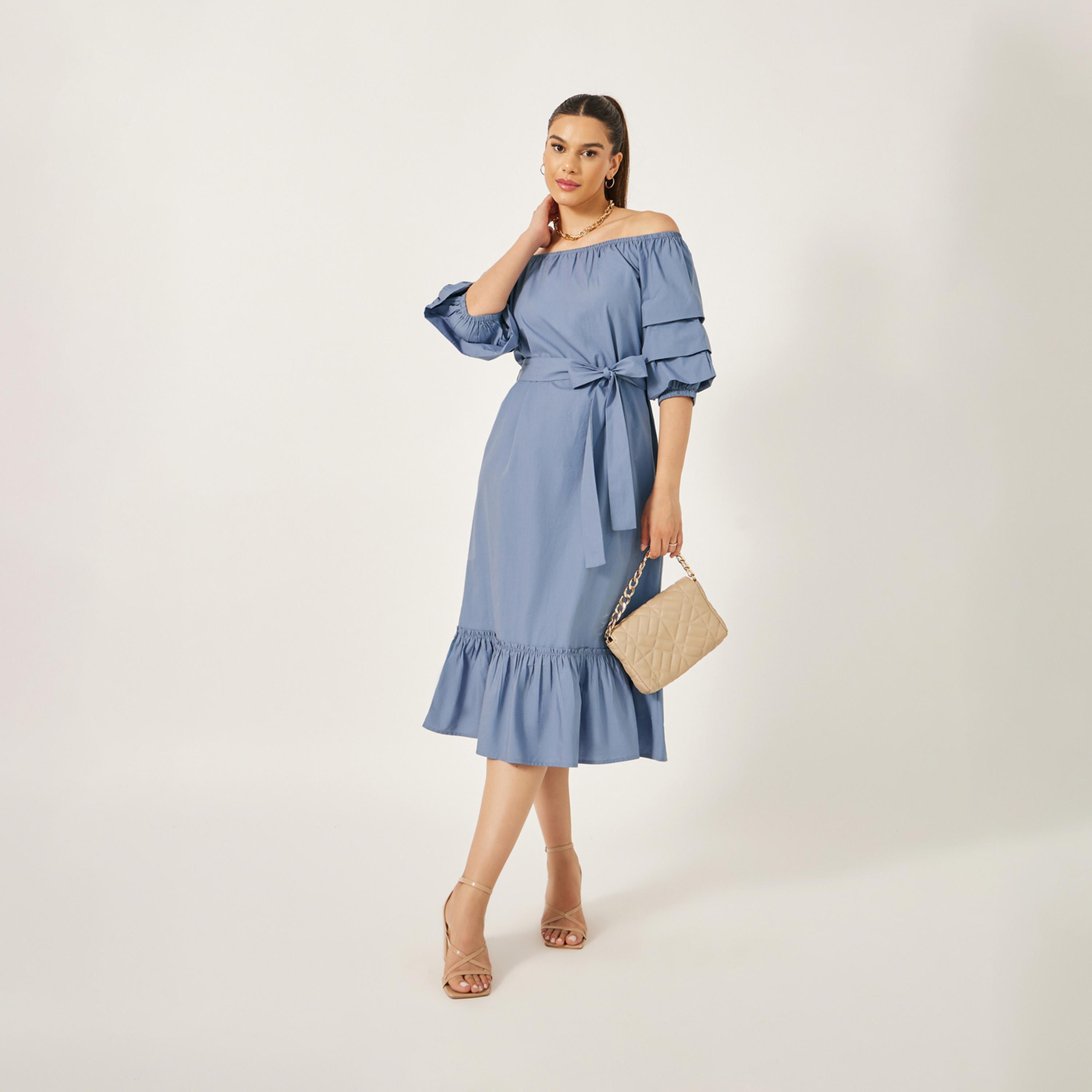 Styli Solid Off Shoulder Ruffle Hem A-Line Midi Dress-women-clothing-dresses-image-1