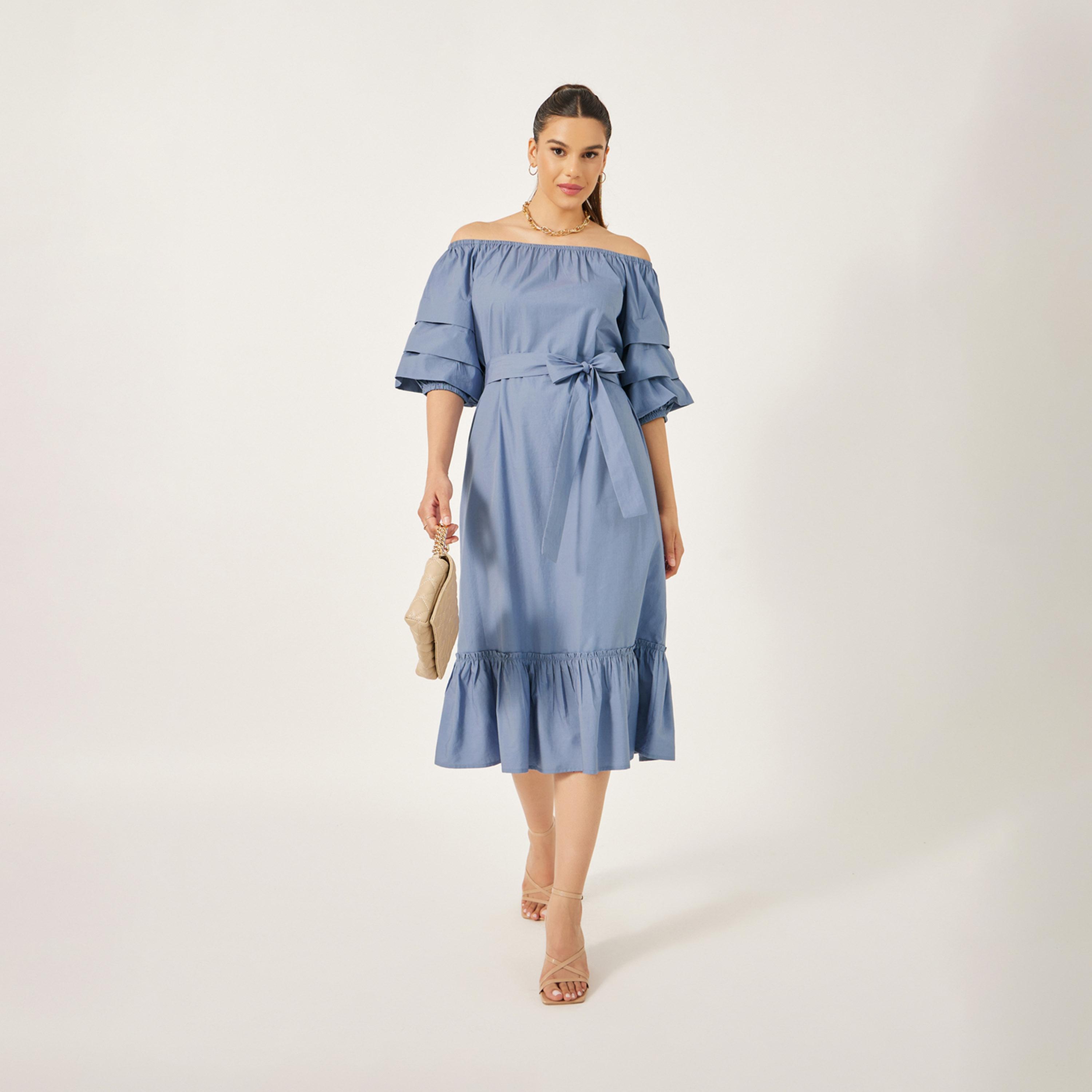 Styli Solid Off Shoulder Ruffle Hem A-Line Midi Dress-women-clothing-dresses-image-2