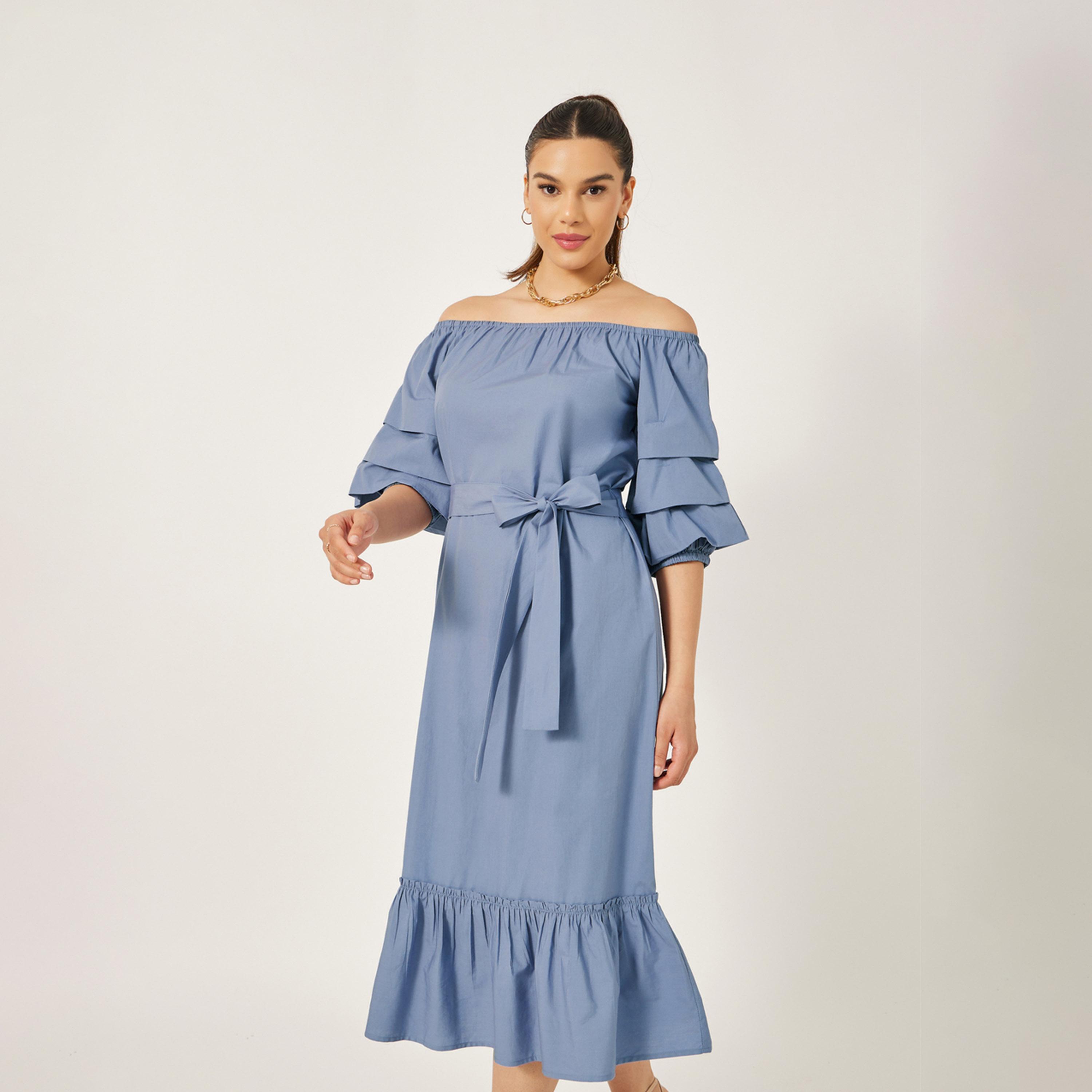 Styli Solid Off Shoulder Ruffle Hem A-Line Midi Dress-women-clothing-dresses-image-3