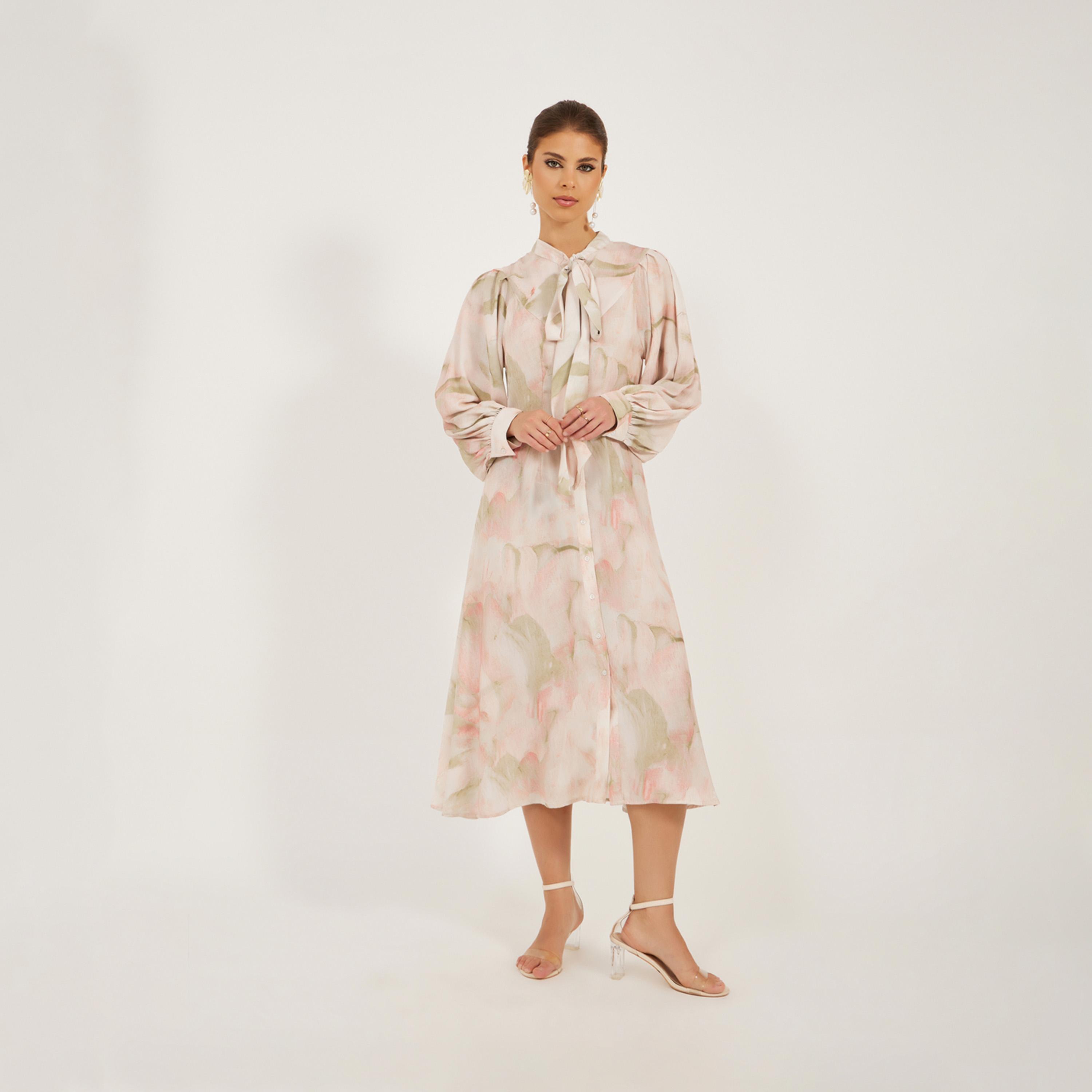 ستايلي - فستان قميص ميدي بأكمام منفوخة ورقبة مربوطة مطبوع-women-clothing-dresses-image-1