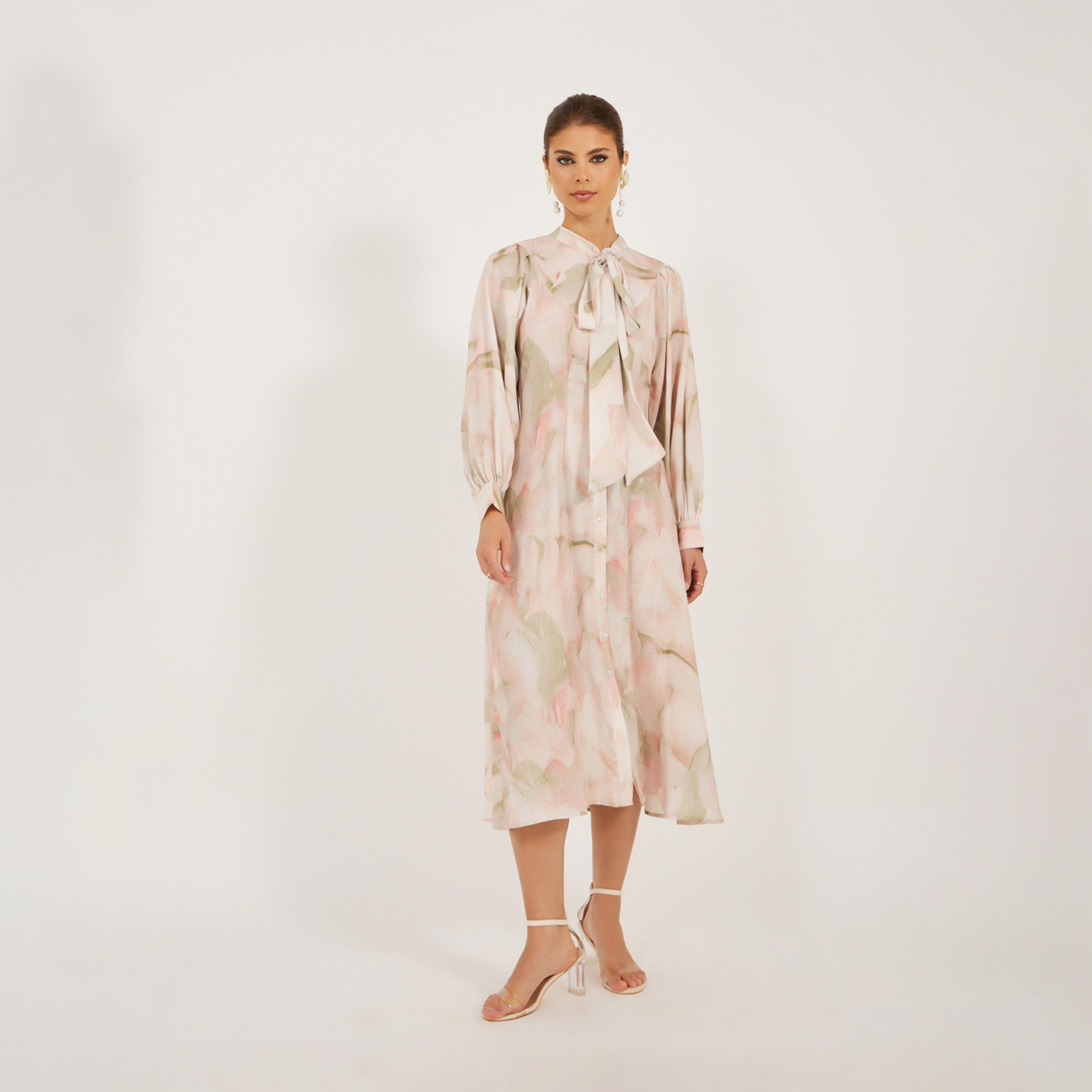 ستايلي - فستان قميص ميدي بأكمام منفوخة ورقبة مربوطة مطبوع-women-clothing-dresses-image-2